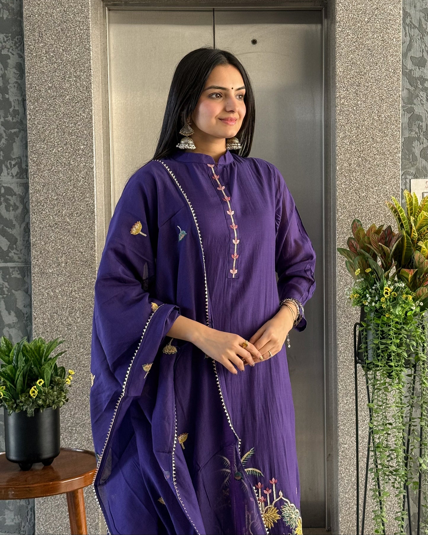 Dark Purple A Line Round Kurta Pant Set with Dupatta