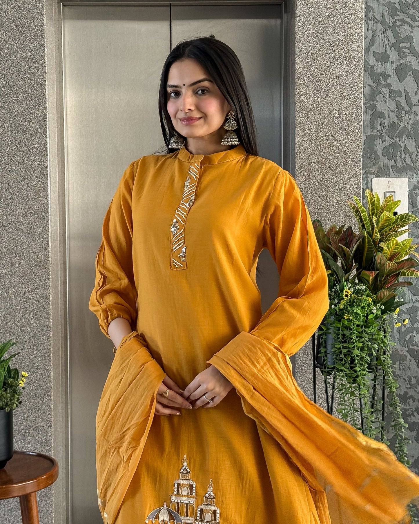Mustard A Line Round Kurta Pant Set with Dupatta