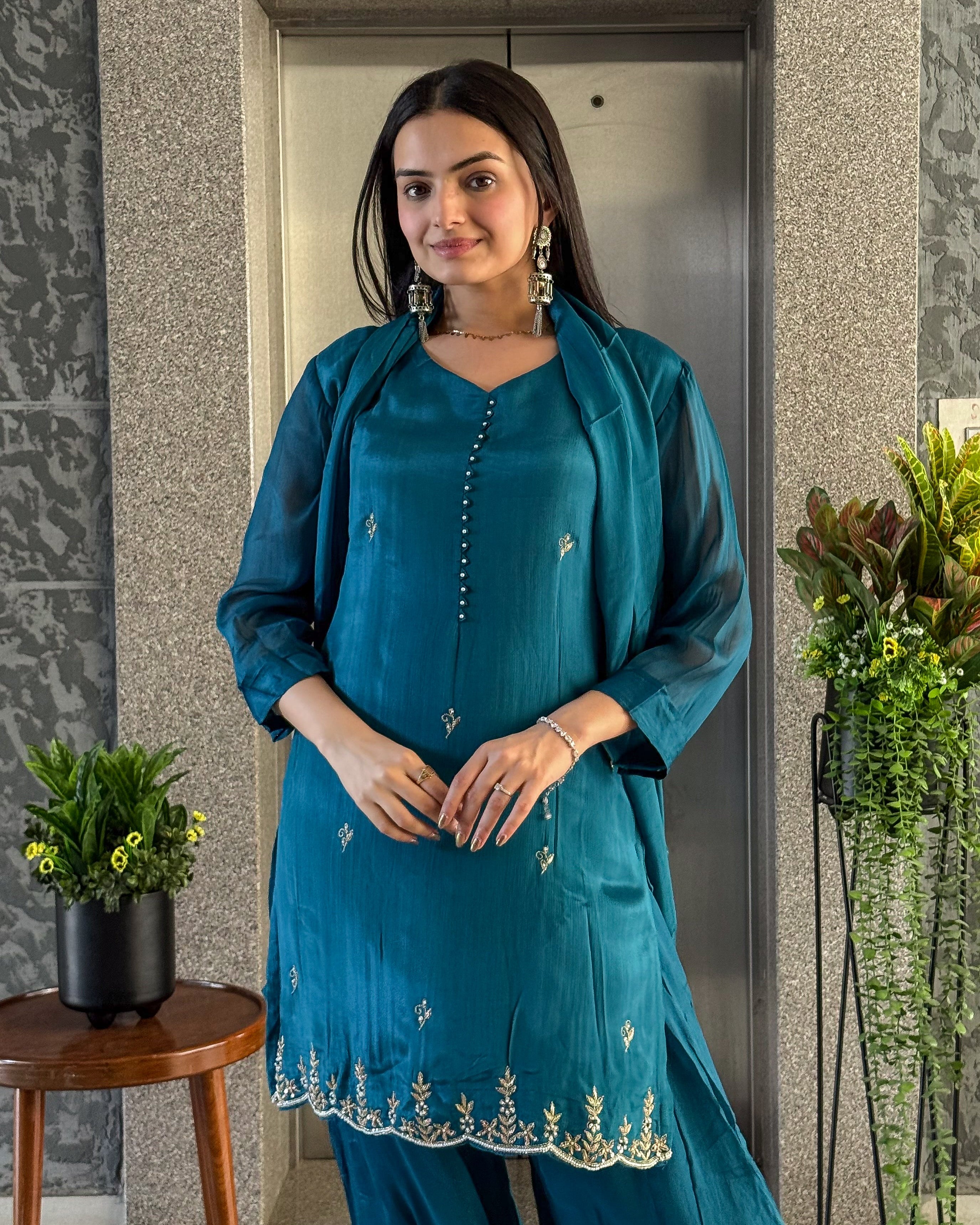 Rama Blue Short Kurta Palazzo Set with Dupatta