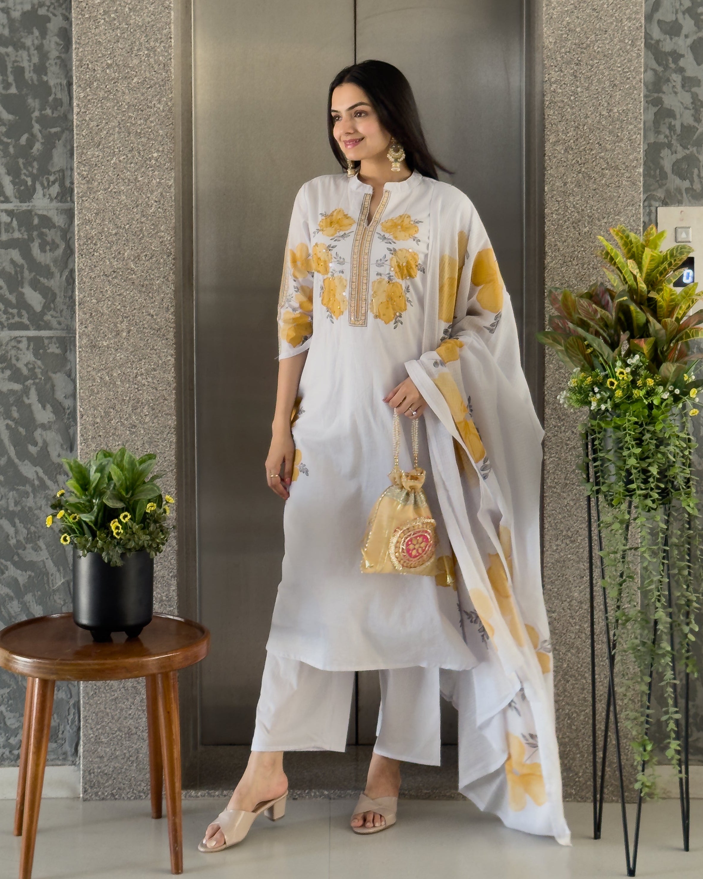 Grey A-Line Kurta Pant Set With Dupatta
