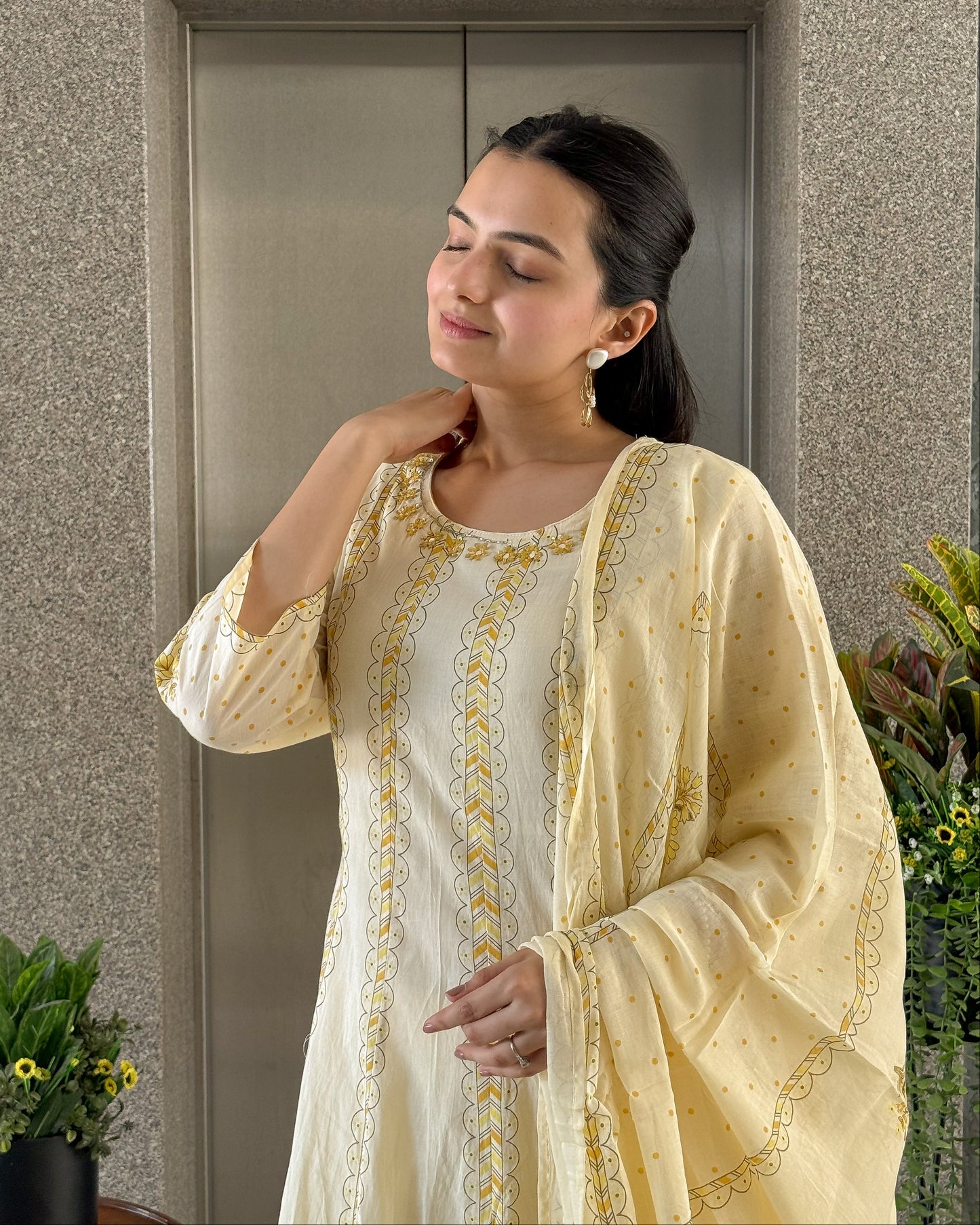 Light Yellow A-Line Round Kurta Pant Set With Dupatta