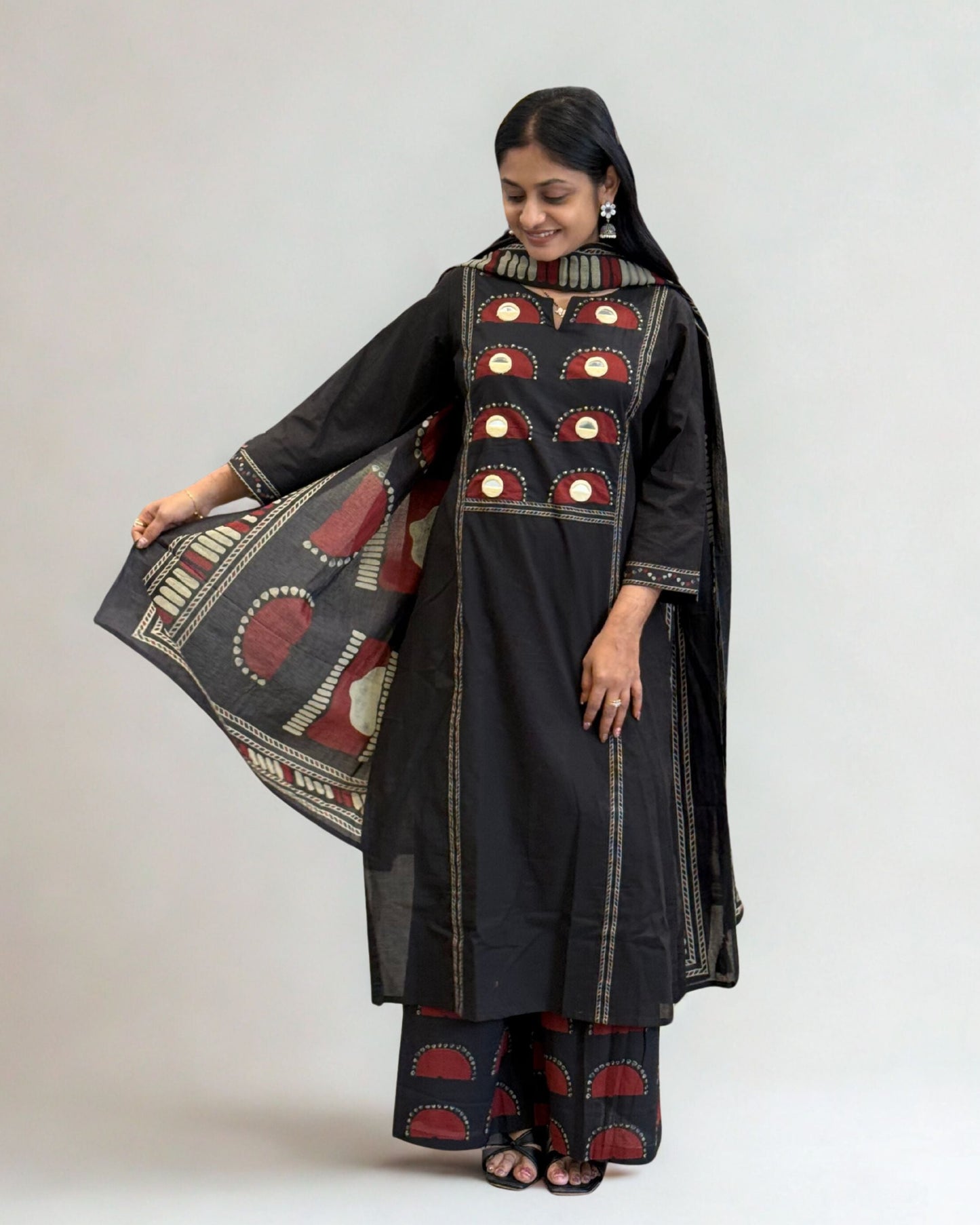Black Cotton A Line Kurta Pant Set with Dupatta