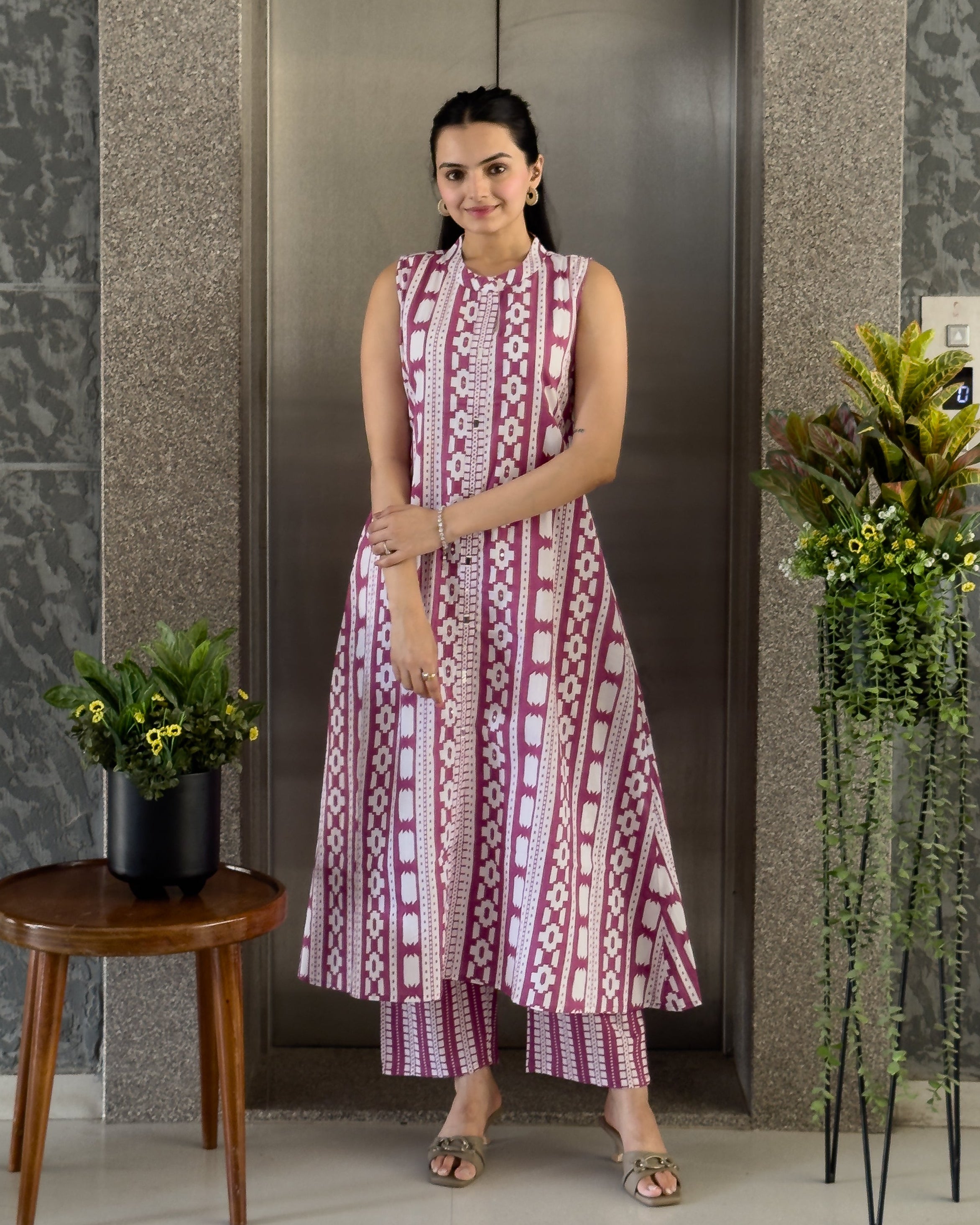 Pink A-Line Round Kurta Pant Set For Women