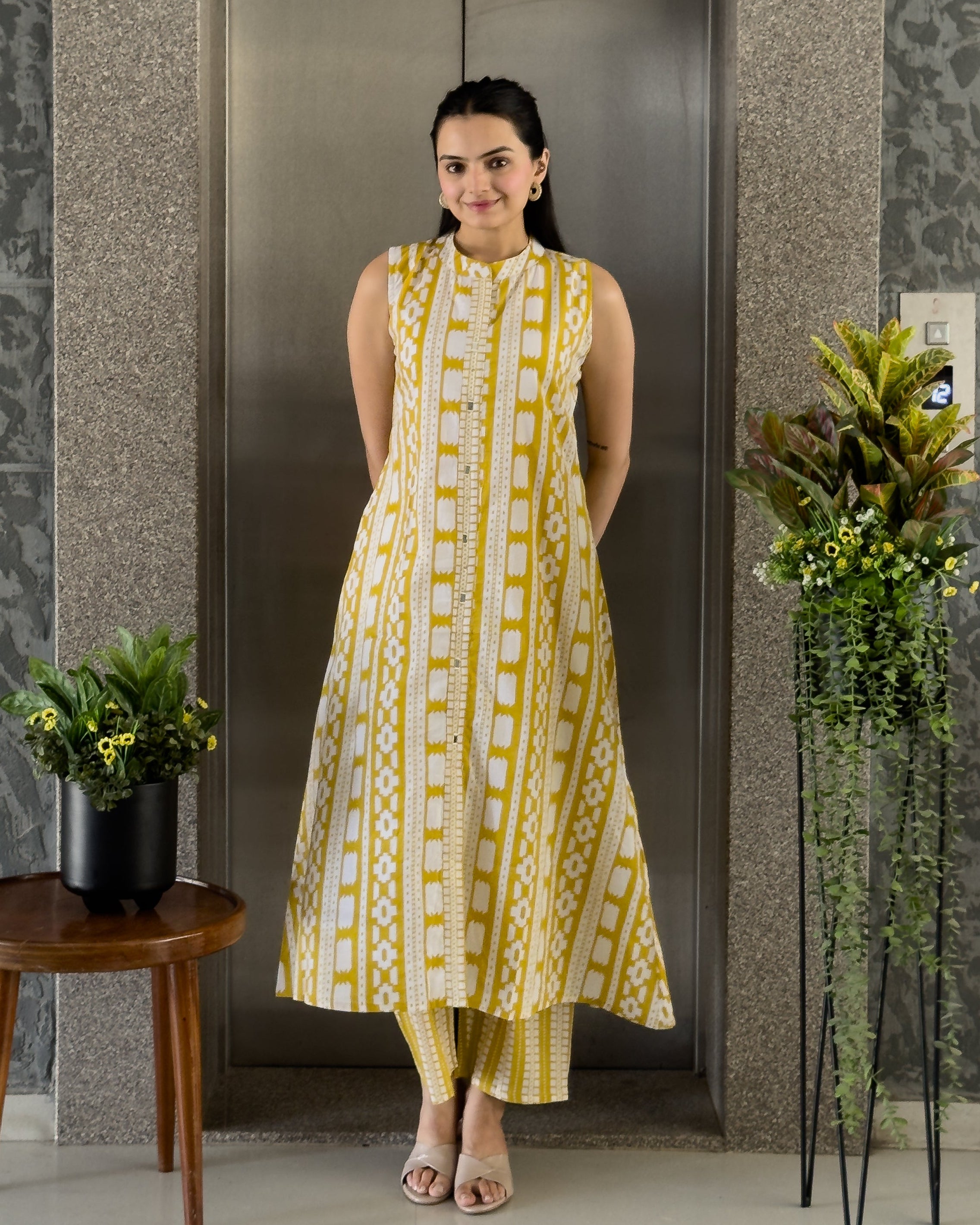 Yellow A-Line Round Kurta Pant Set For Women