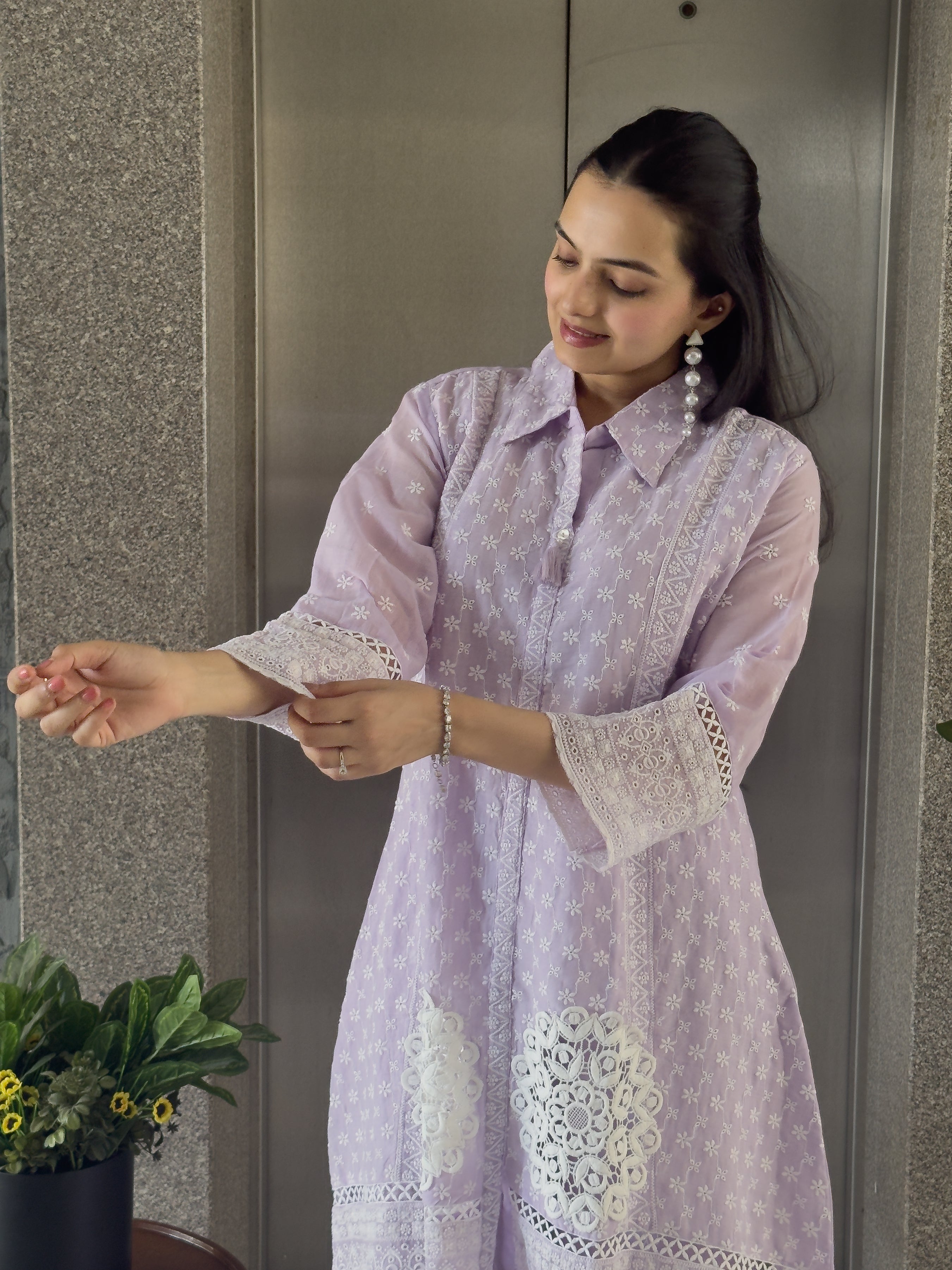 Light Lavendar A-Line Straight Kurta Pant Set For Women