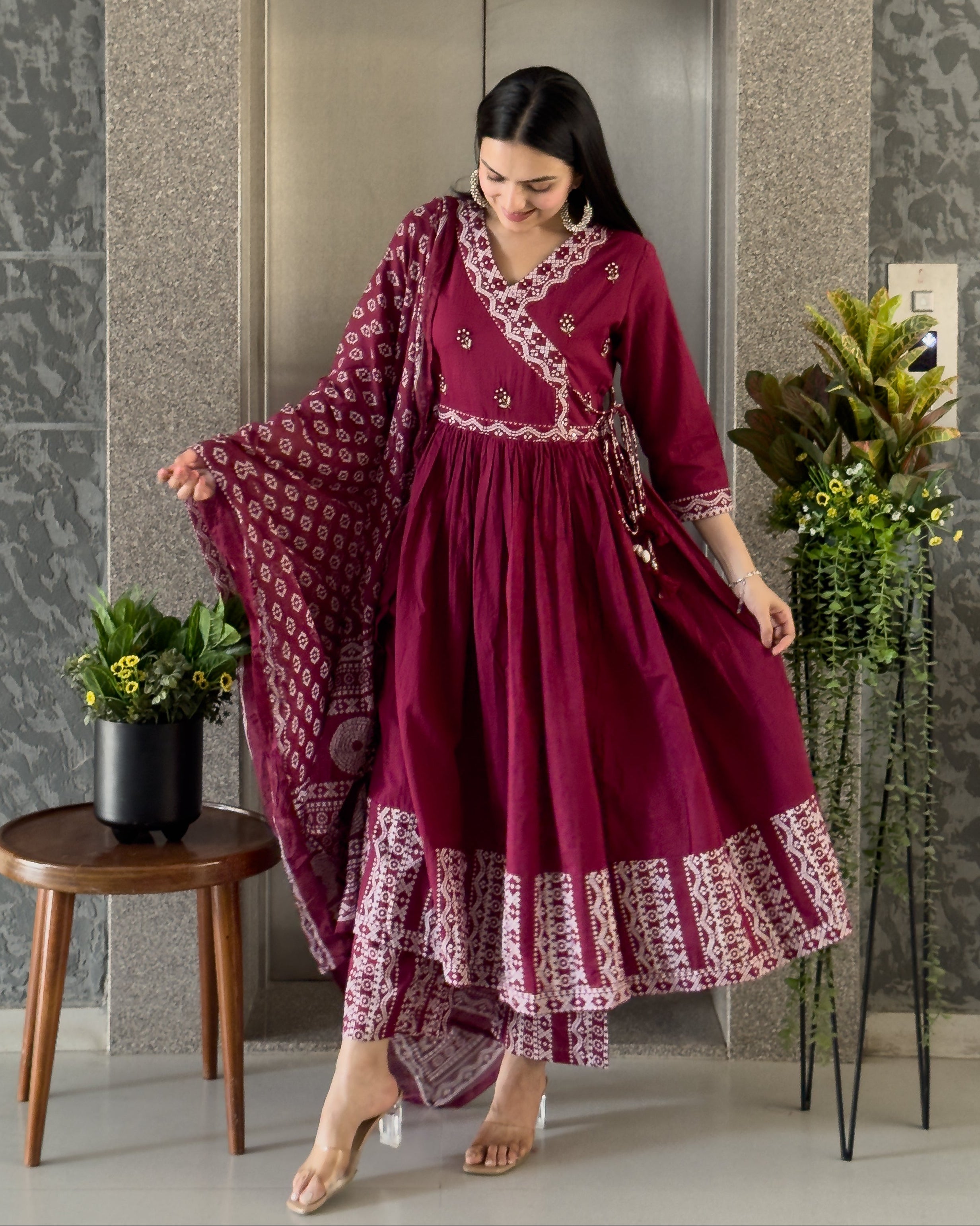 Wine Round Kurta Palazzo Set With Dupatta