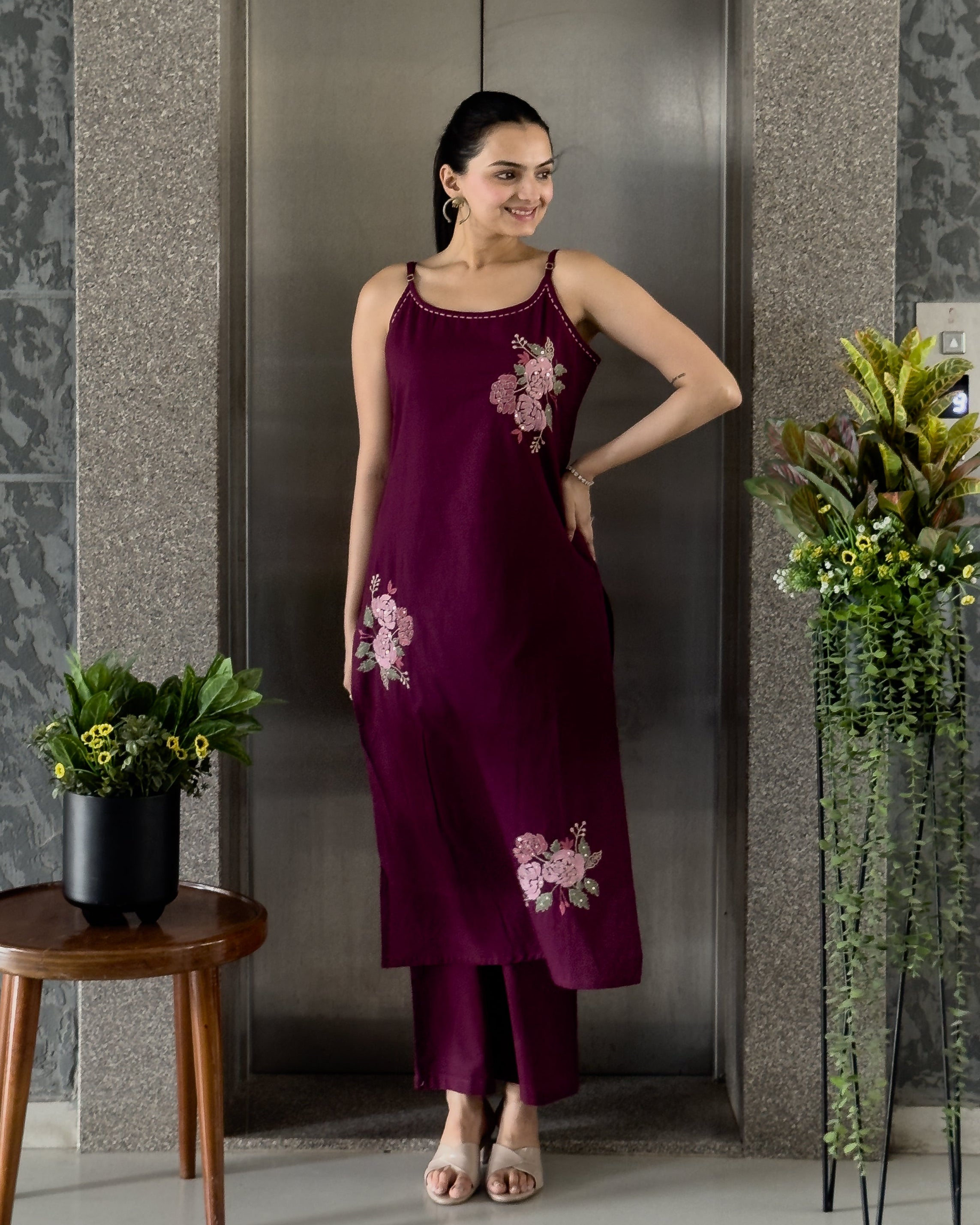 Wine Spaghetti Kurta Pant for Girls