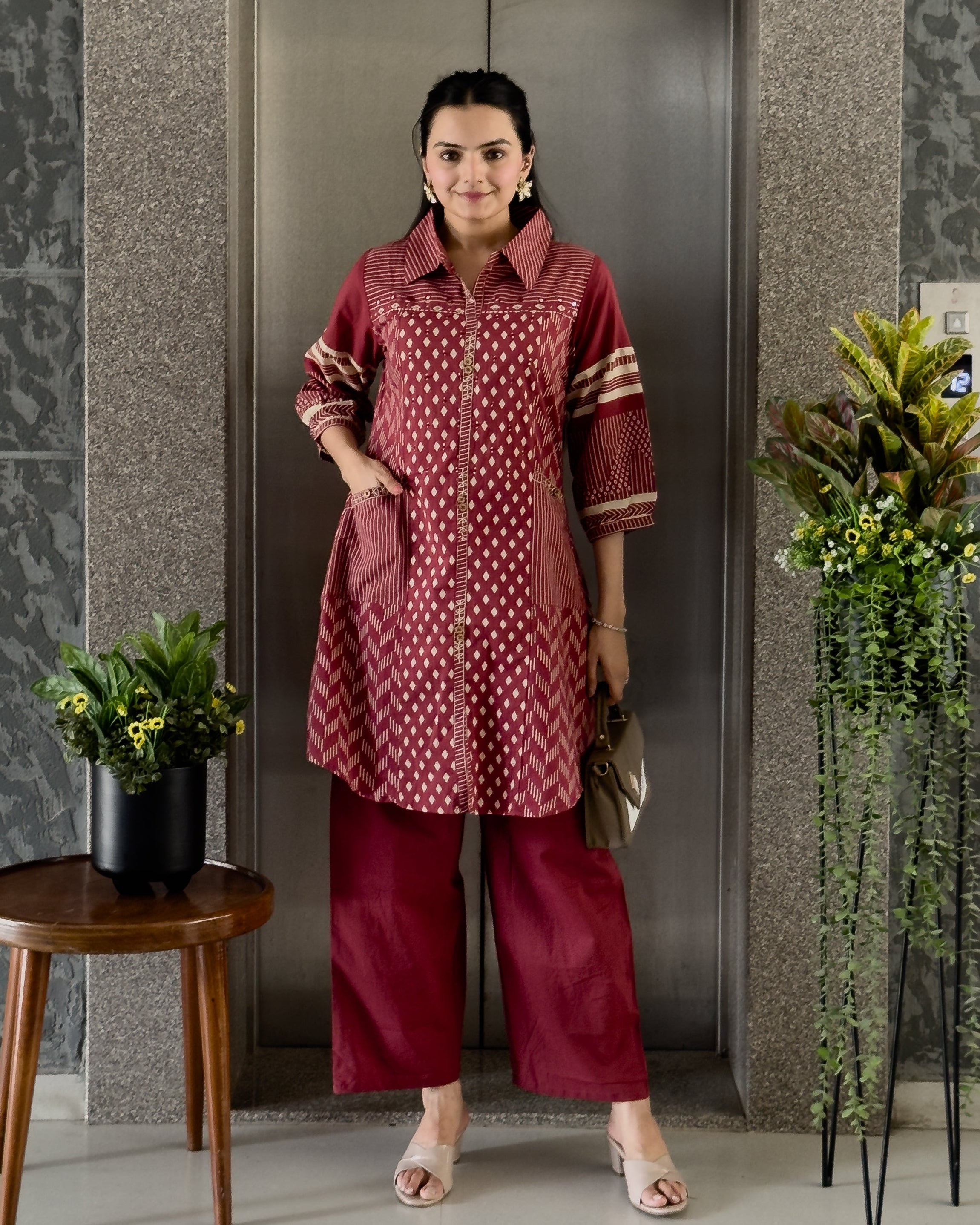 Red Cotton Co ord Set for Women