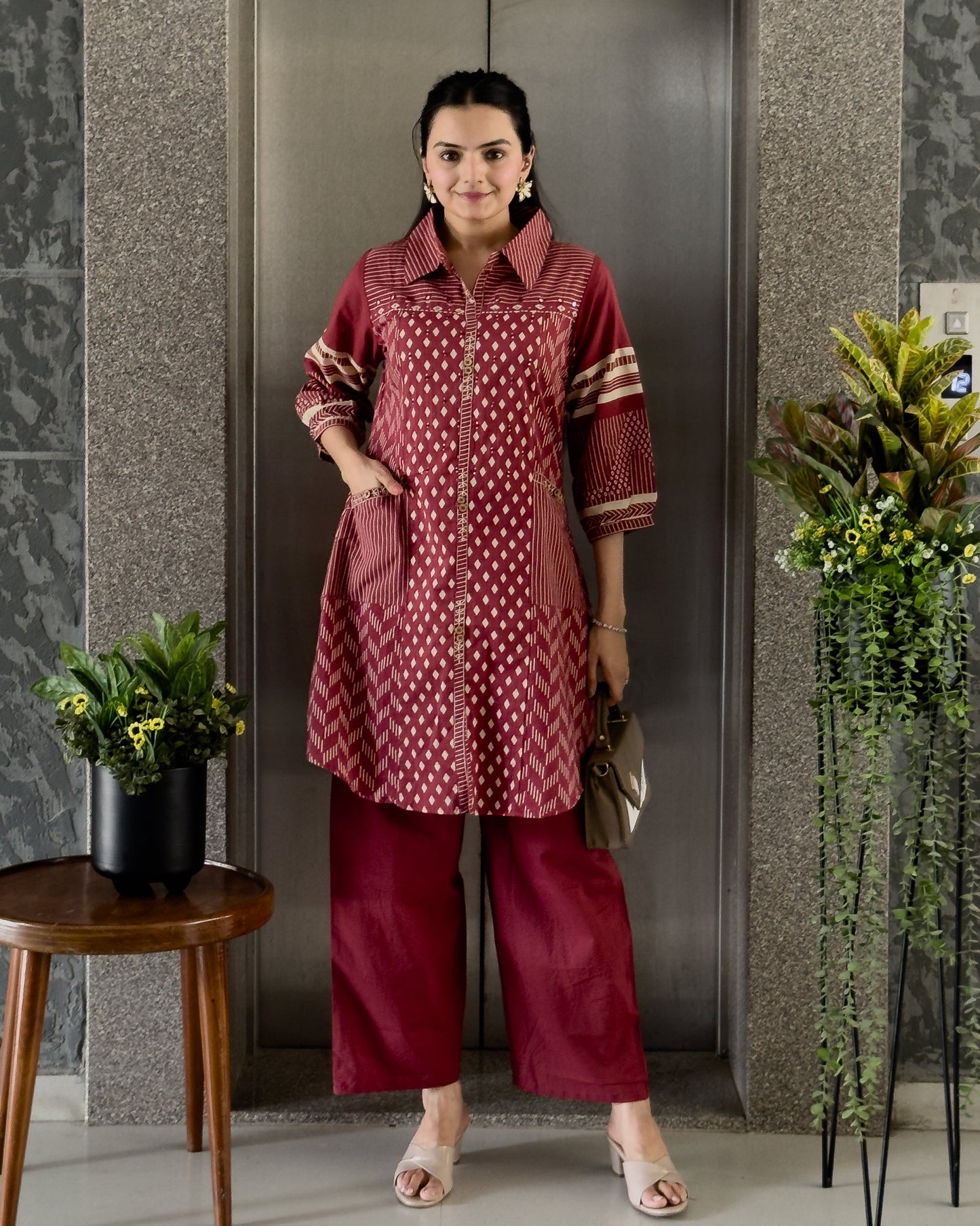 Red Cotton Co ord Set for Women