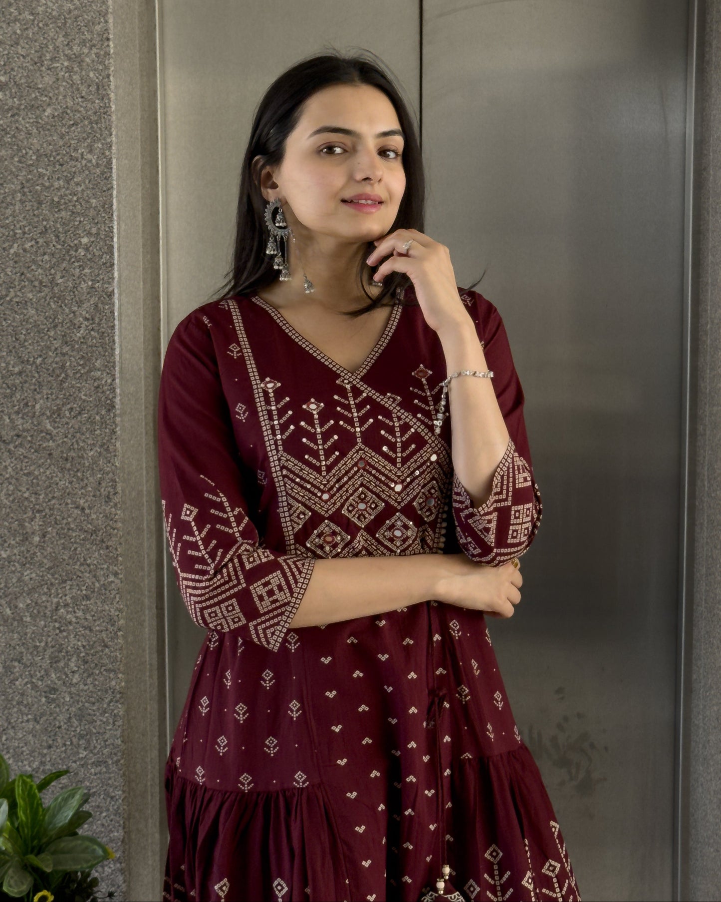 Wine Anarkali Kurta Pant with Dupatta Set