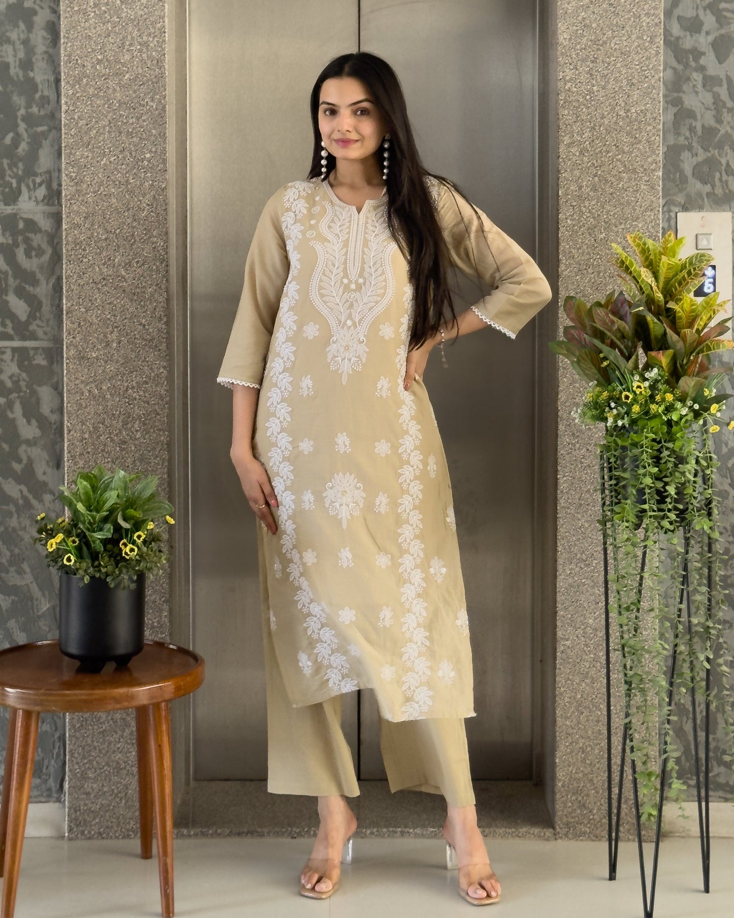 Cream Straight Kurta Pant Set with Dupatta