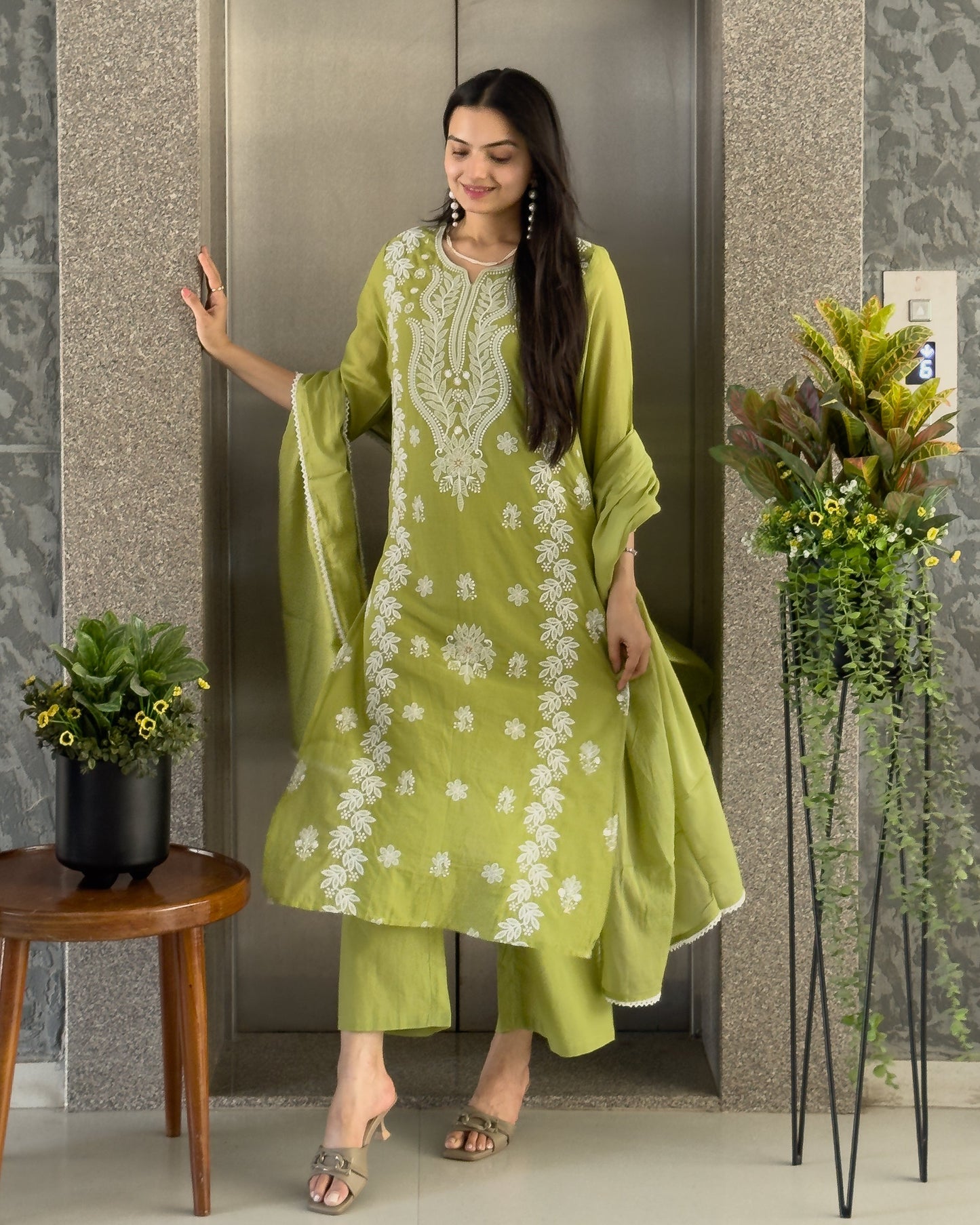 Pista Straight Kurta Pant Set with Dupatta