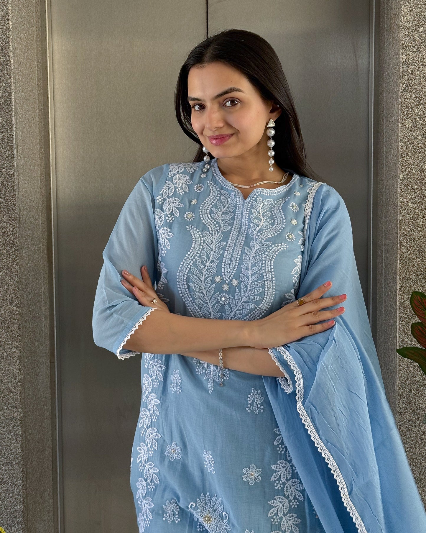 Sky Straight Kurta Pant Set with Dupatta