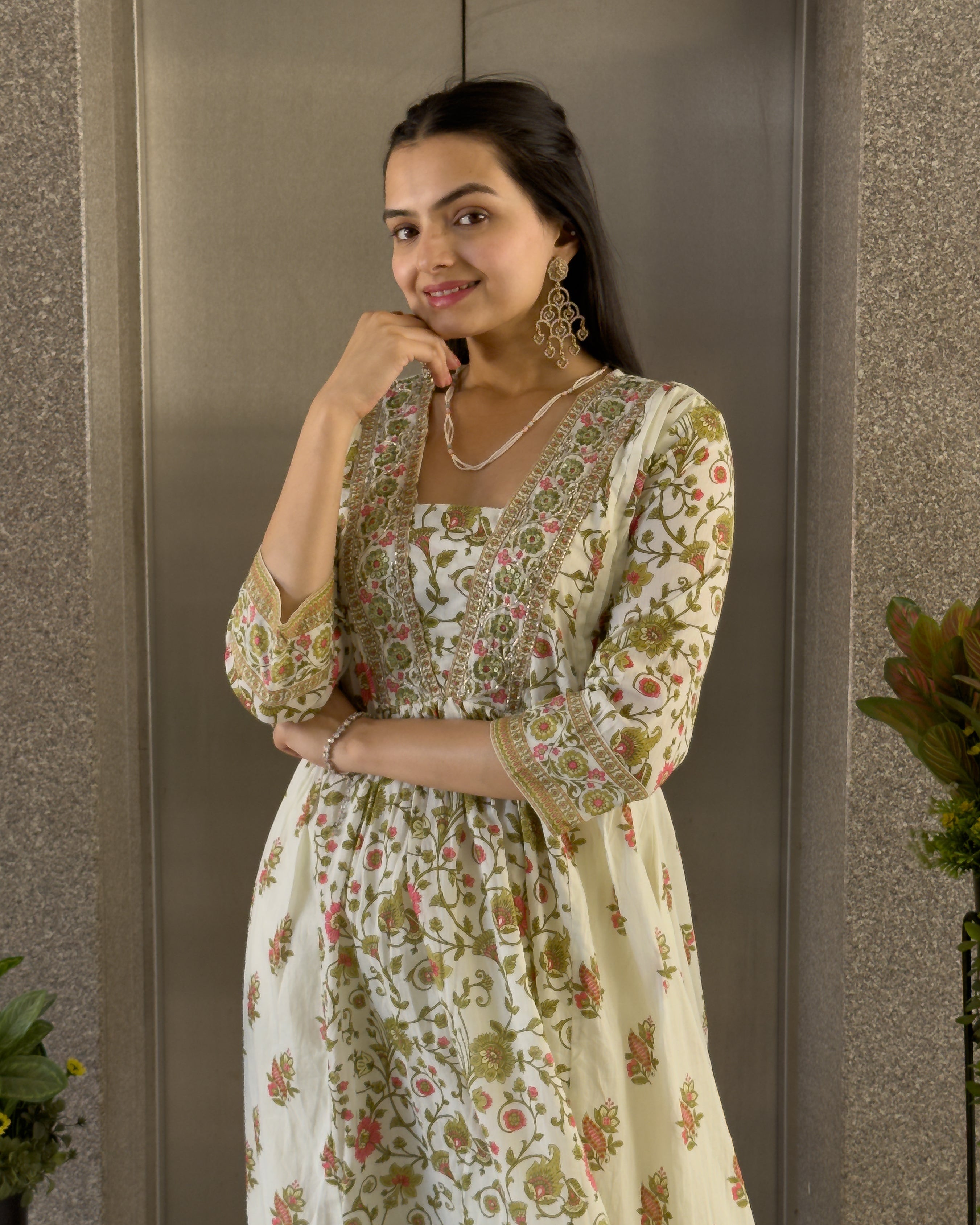Off white with pista A-Line Kurta Palazzo Set With Dupatta