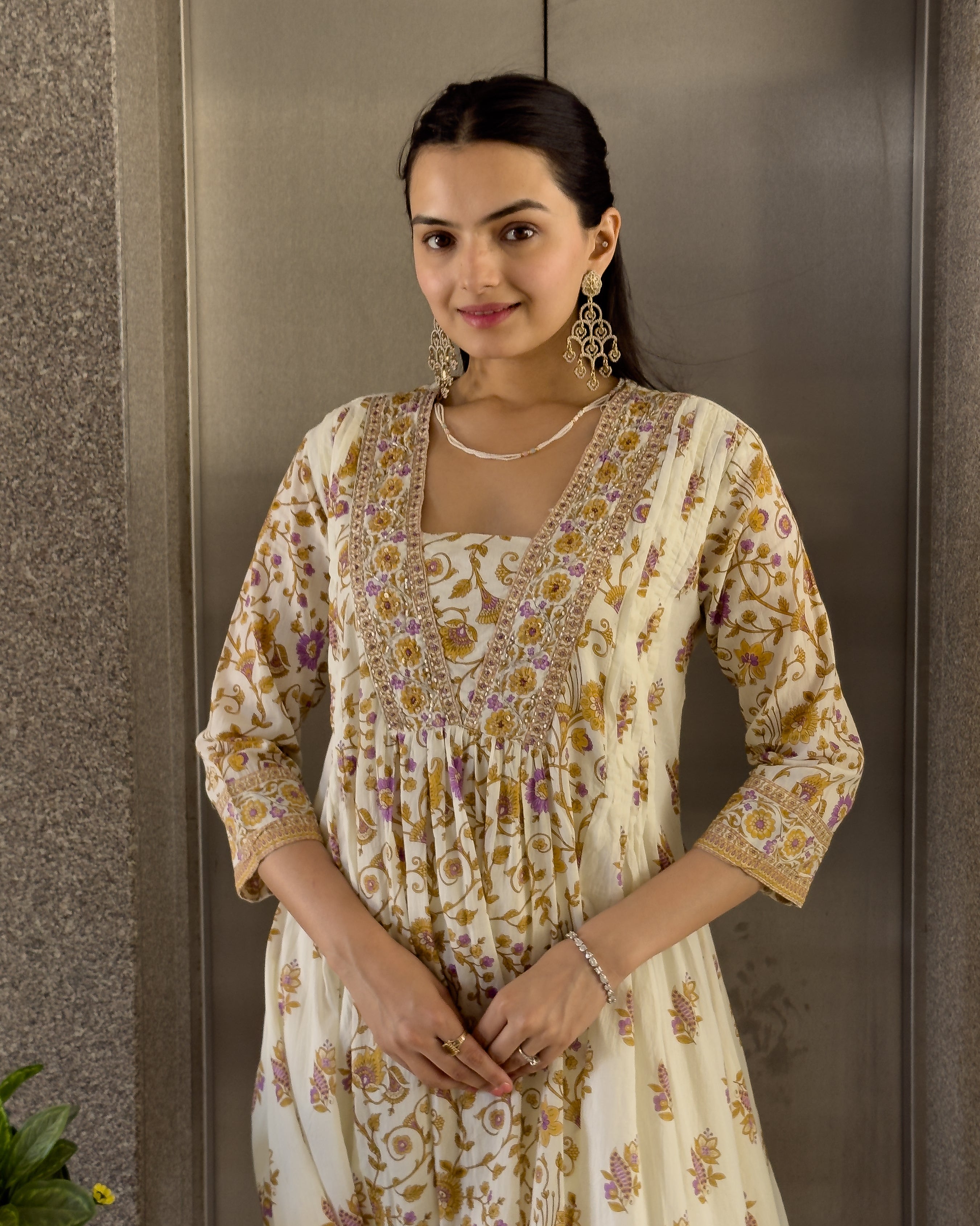 Off white with yellow A-Line Kurta Palazzo Set With Dupatta
