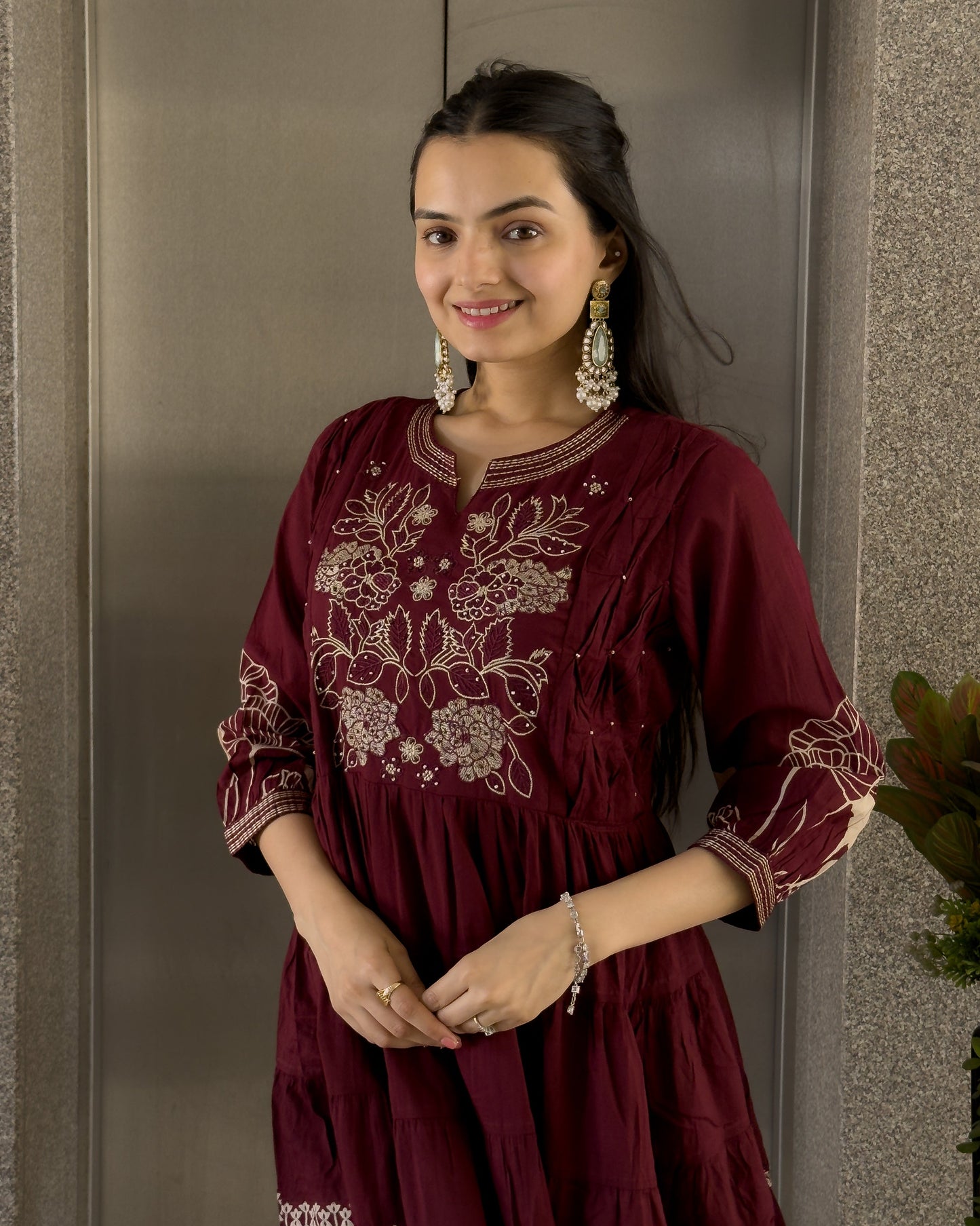 Maroon Round Kurta Pant with Dupatta Set