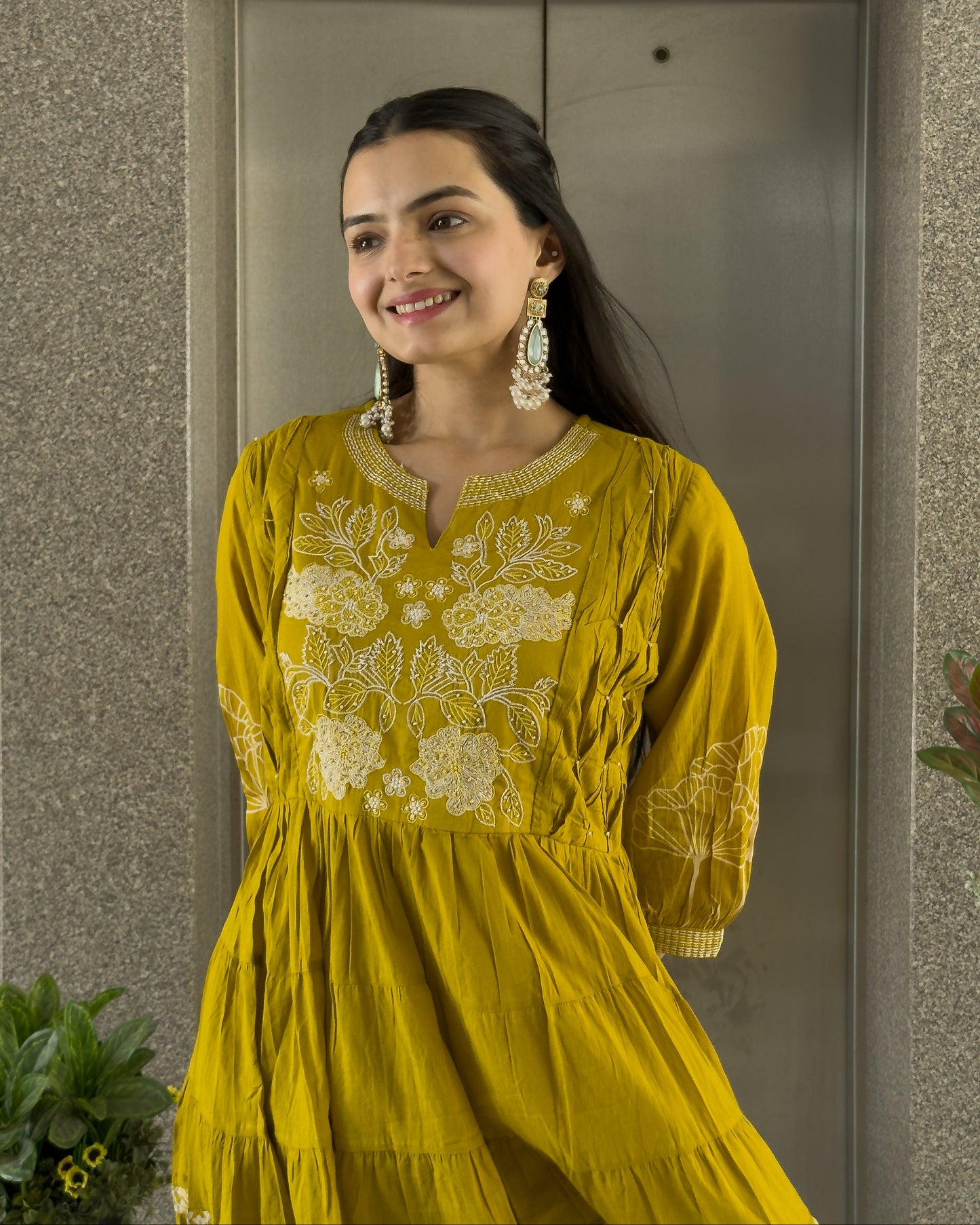 Yellow Round Kurta Pant with Dupatta Set