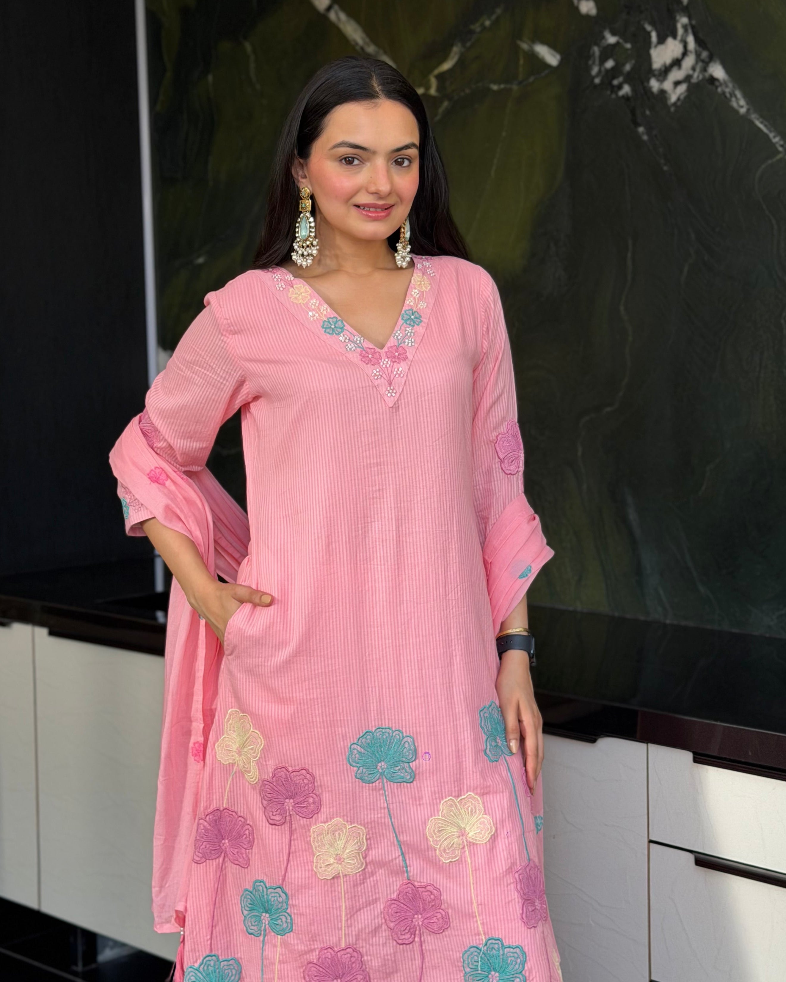 Light Pink A-Line Kurta Pant Set With Dupatta