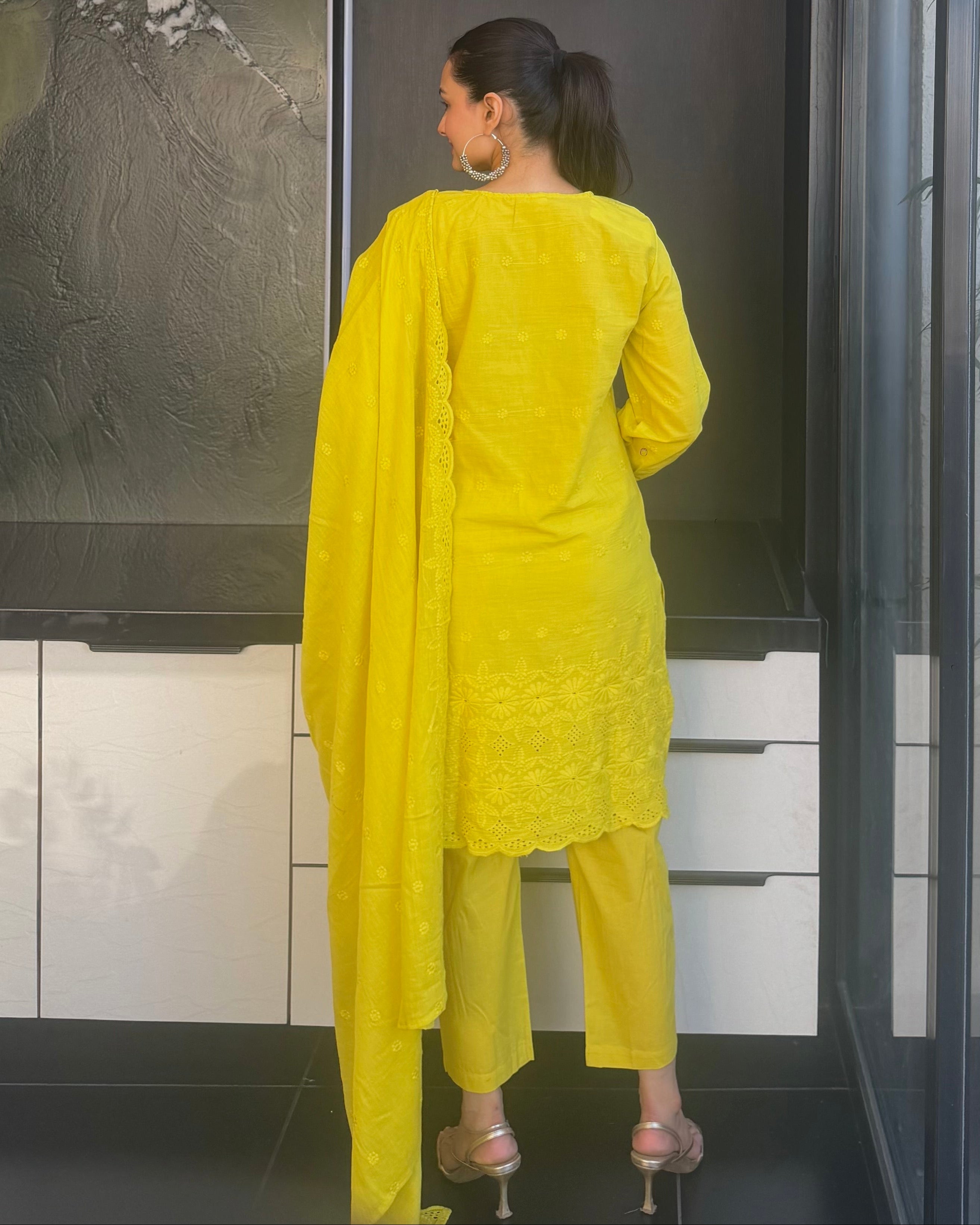 Yellow Straight Kurta Pant Set With Dupatta