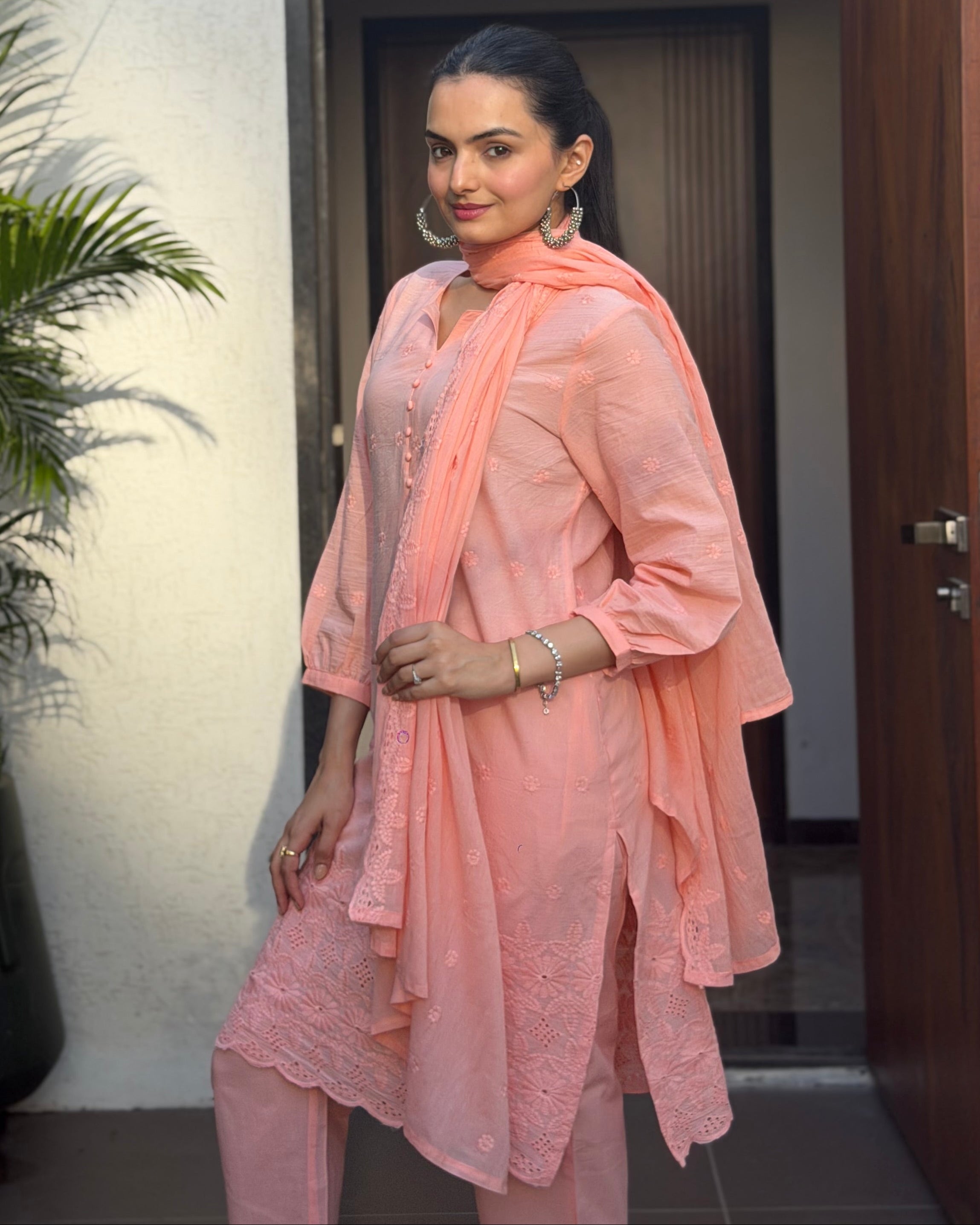Peach Straight Kurta Pant Set With Dupatta