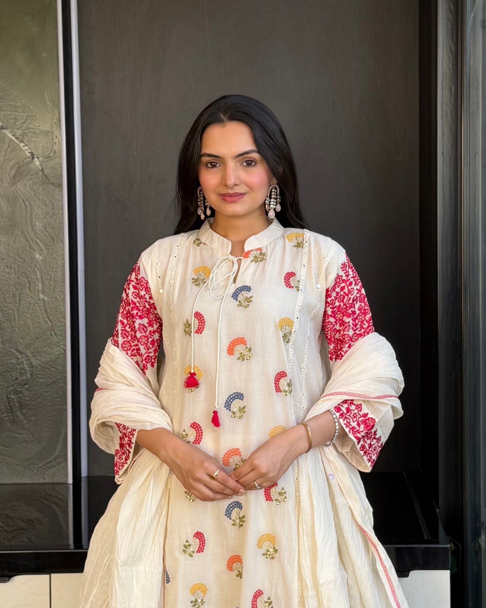 White A Line Kurta Palazzo Set With Dupatta For Women