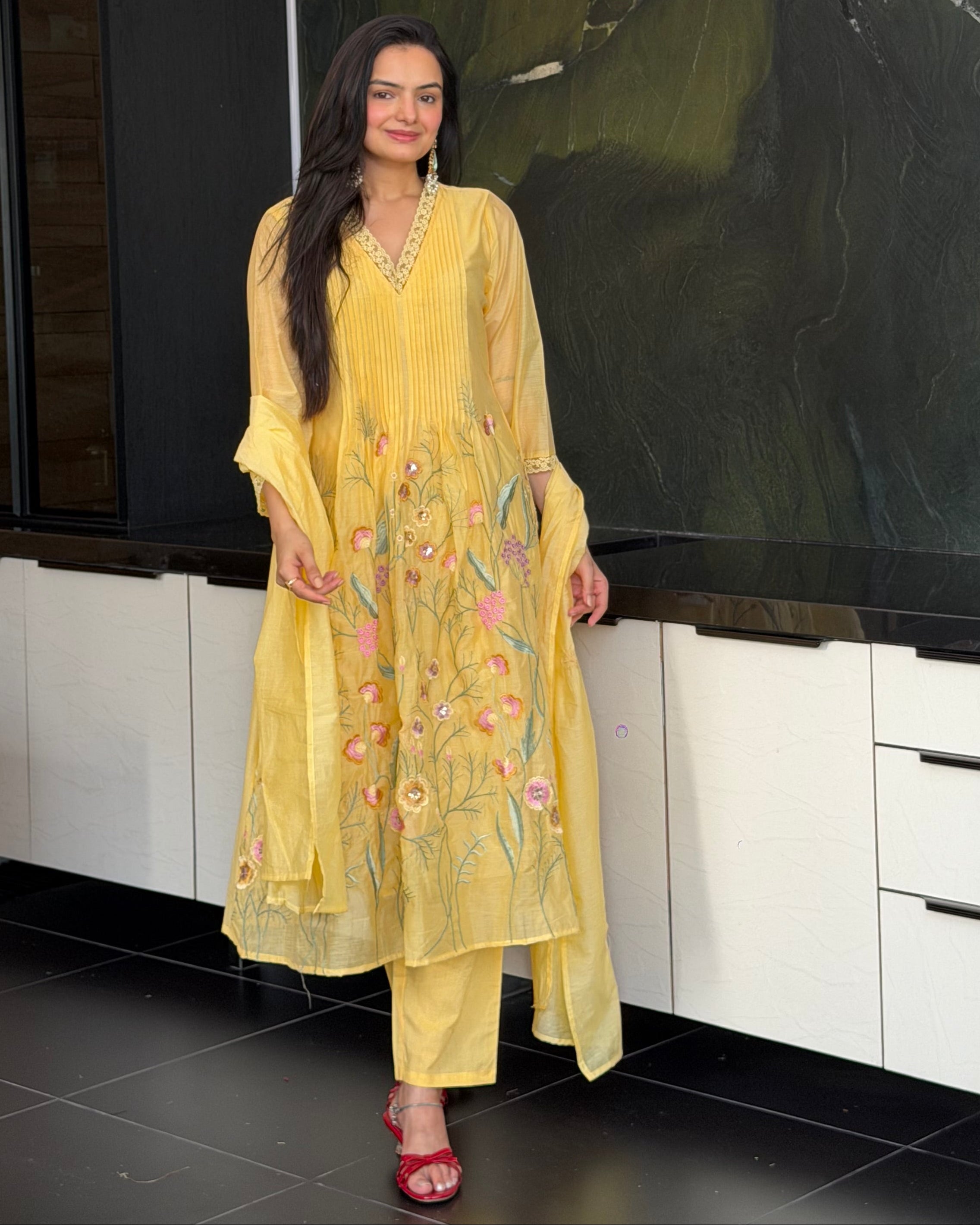 Yellow Round Kurta Pant Set With Dupatta For Women