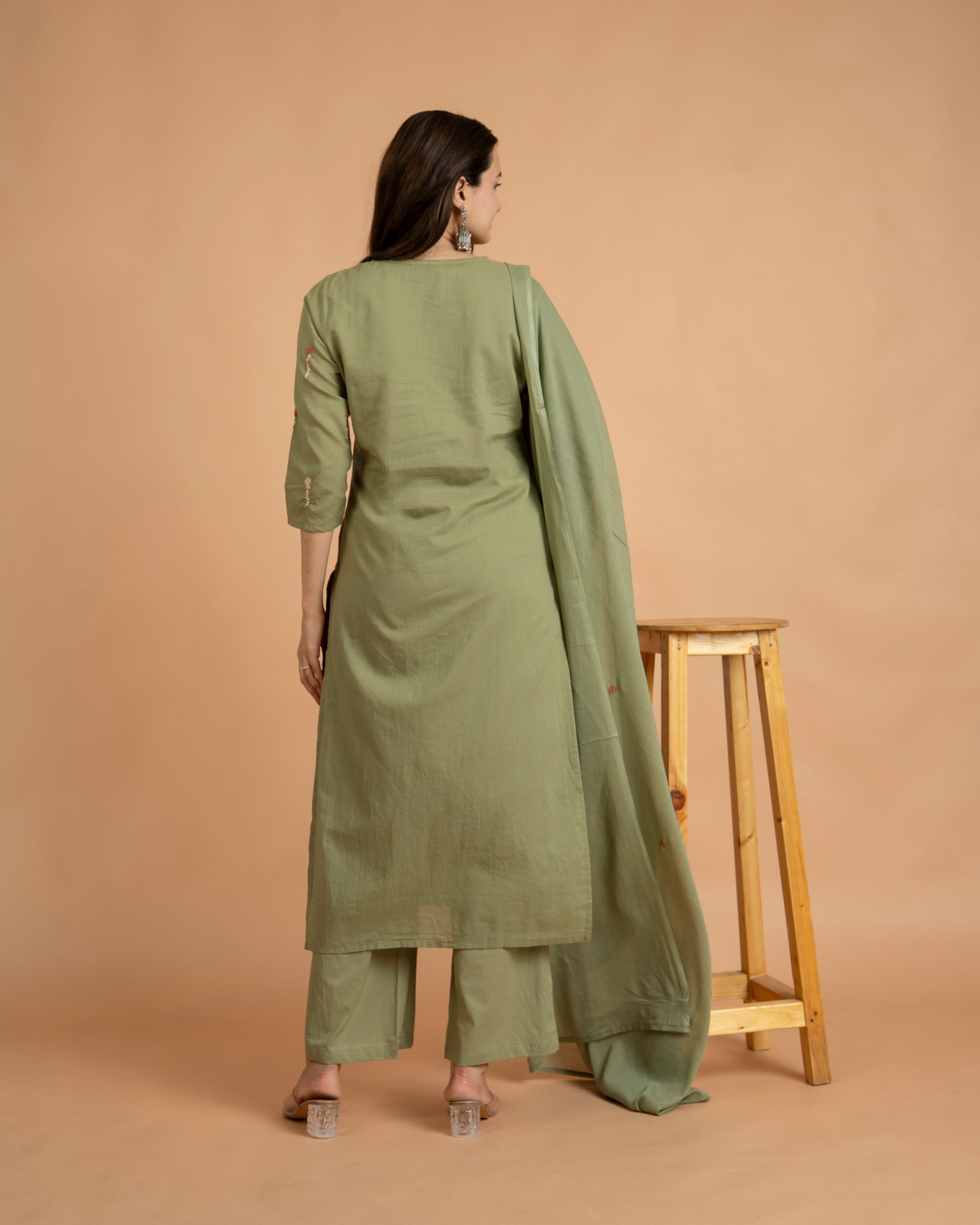 Sage Green Embroidered Kurta, Palazzo & Dupatta Set