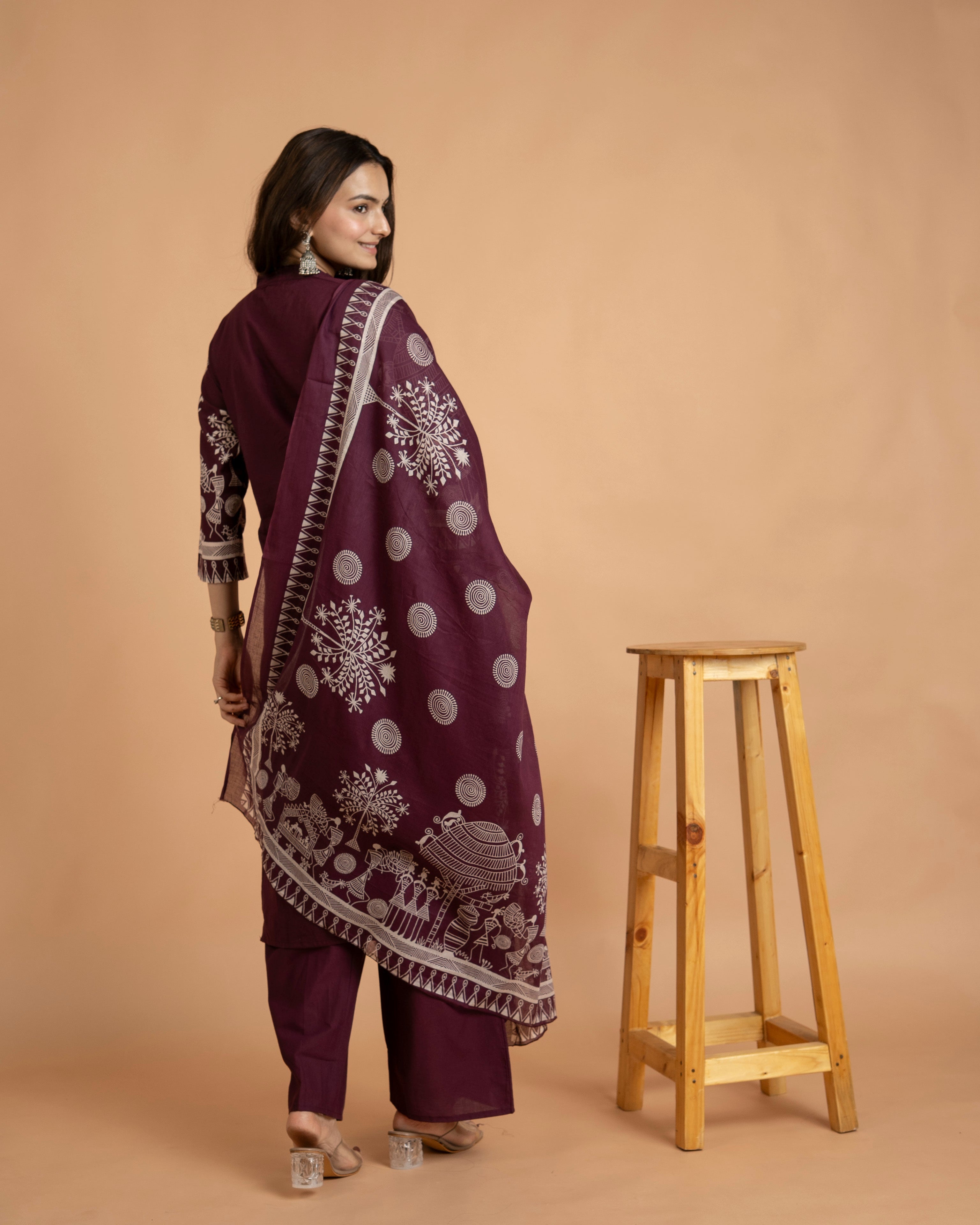 Wine Straight Kurta Pant Set With Dupatta For Women