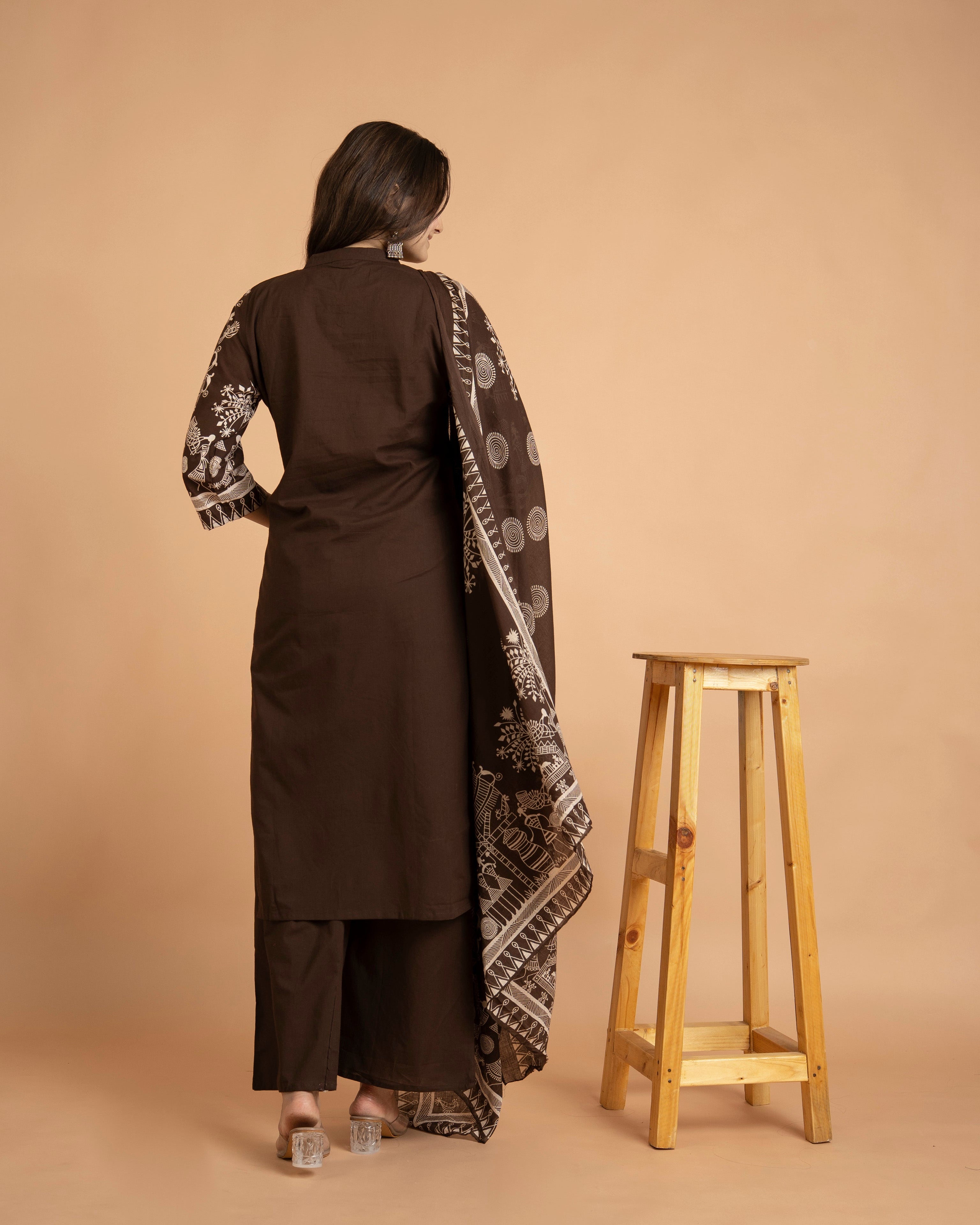Brown cotton straight kurta pant set with dupatta