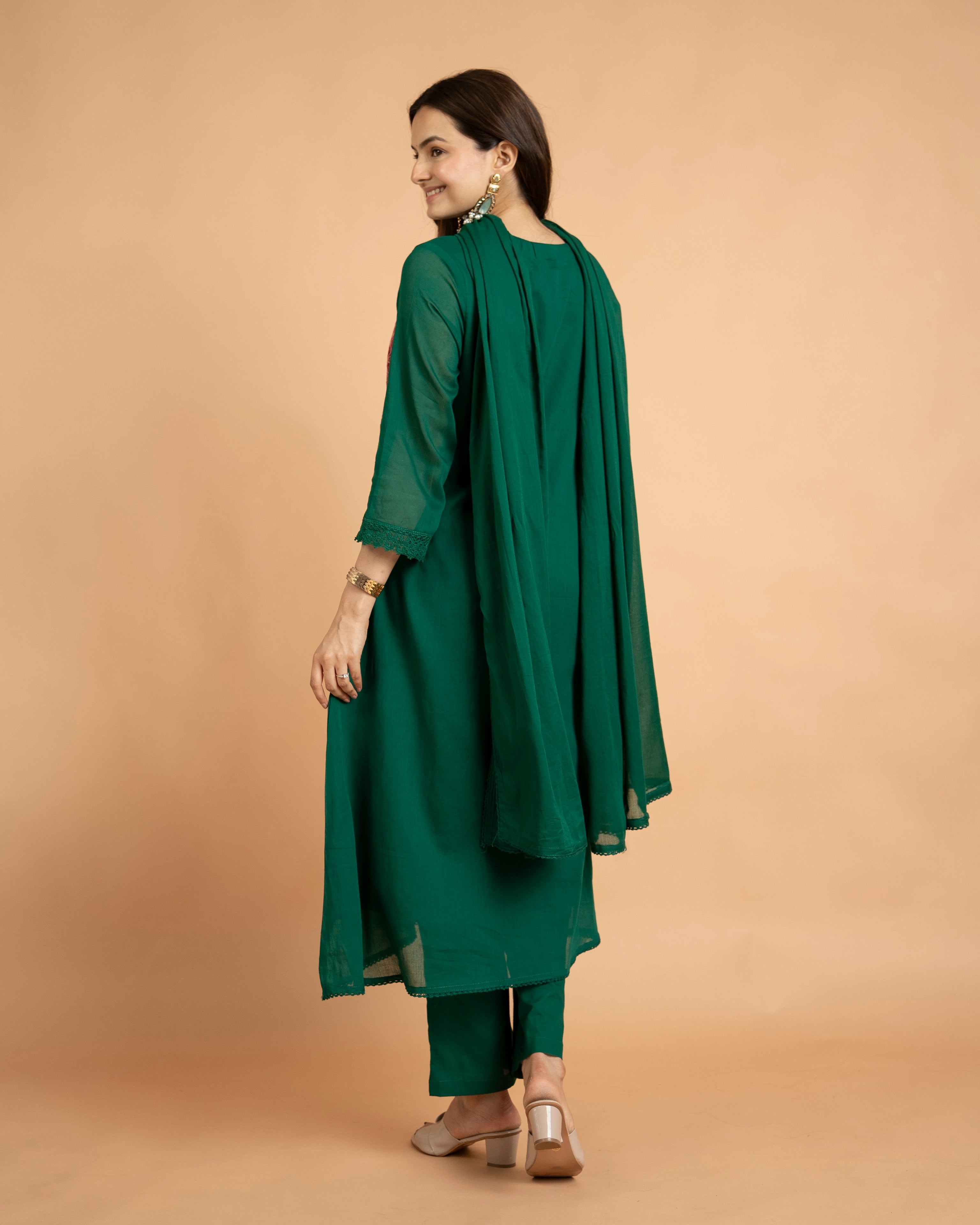 Greeen Floral Embroidery Work Kurta and Pant Set with Attached Dupatta