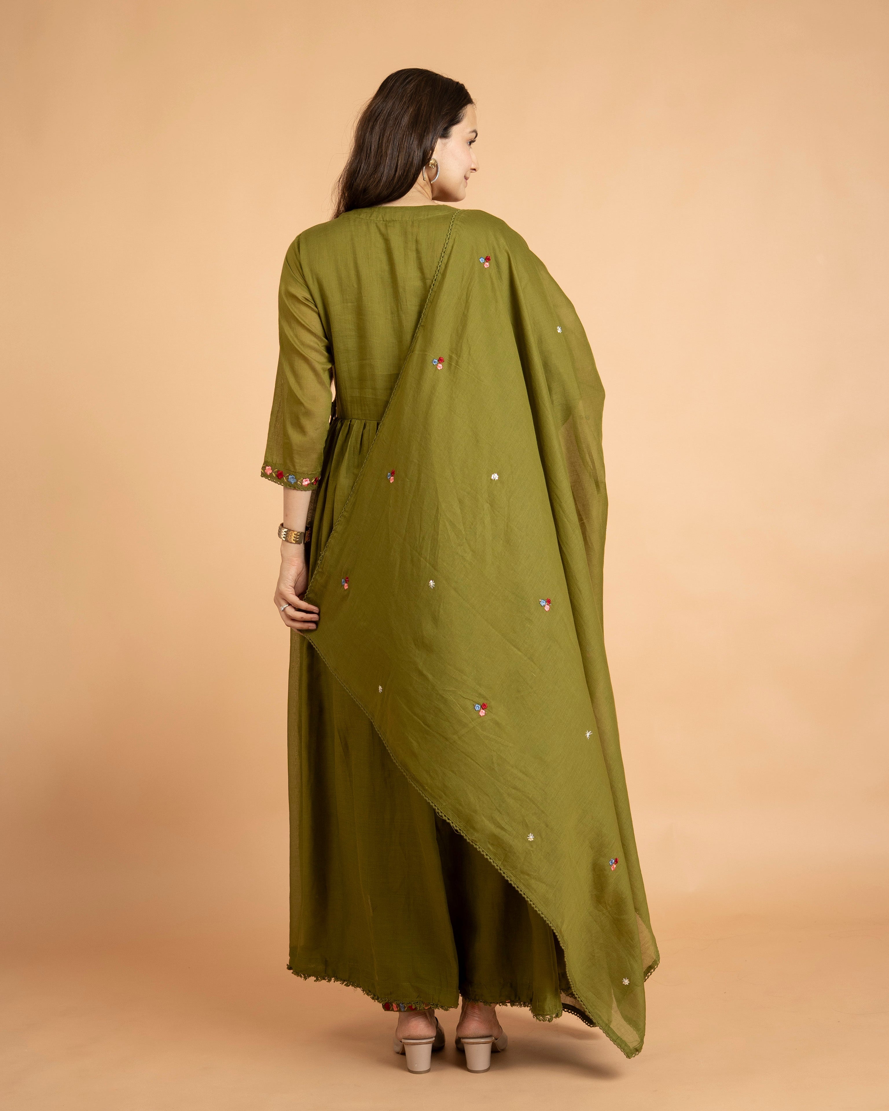 Back View Of Mehndi Anarkali Kurta Set With Dupatta.
