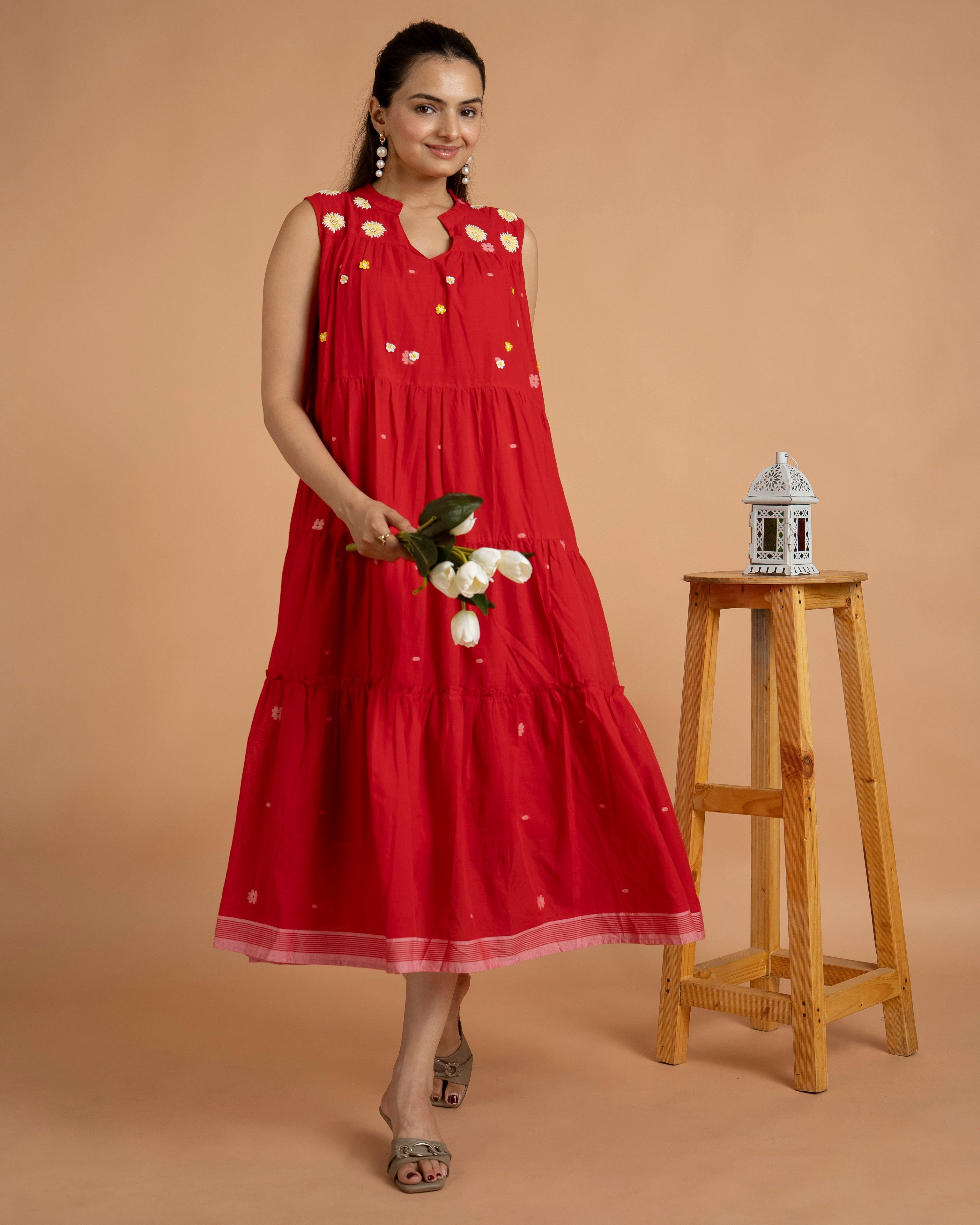 Premkala Red Tiered Midi Dresses with Floral Embroidery | Sleeveless Mal Cotton Ethnic Dresses for Women