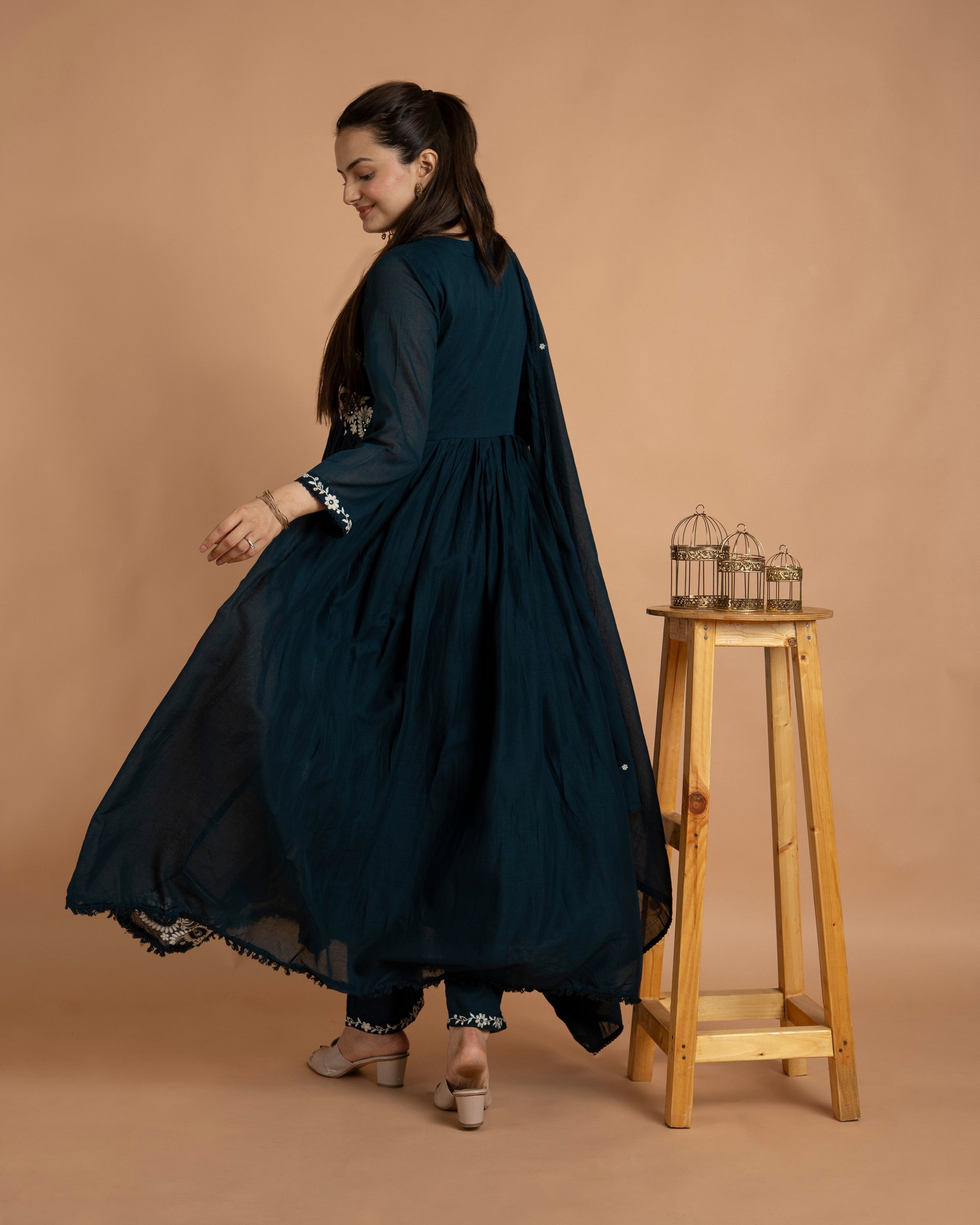 Teal Blue Round Kurta Pant Set With Dupatta For Women