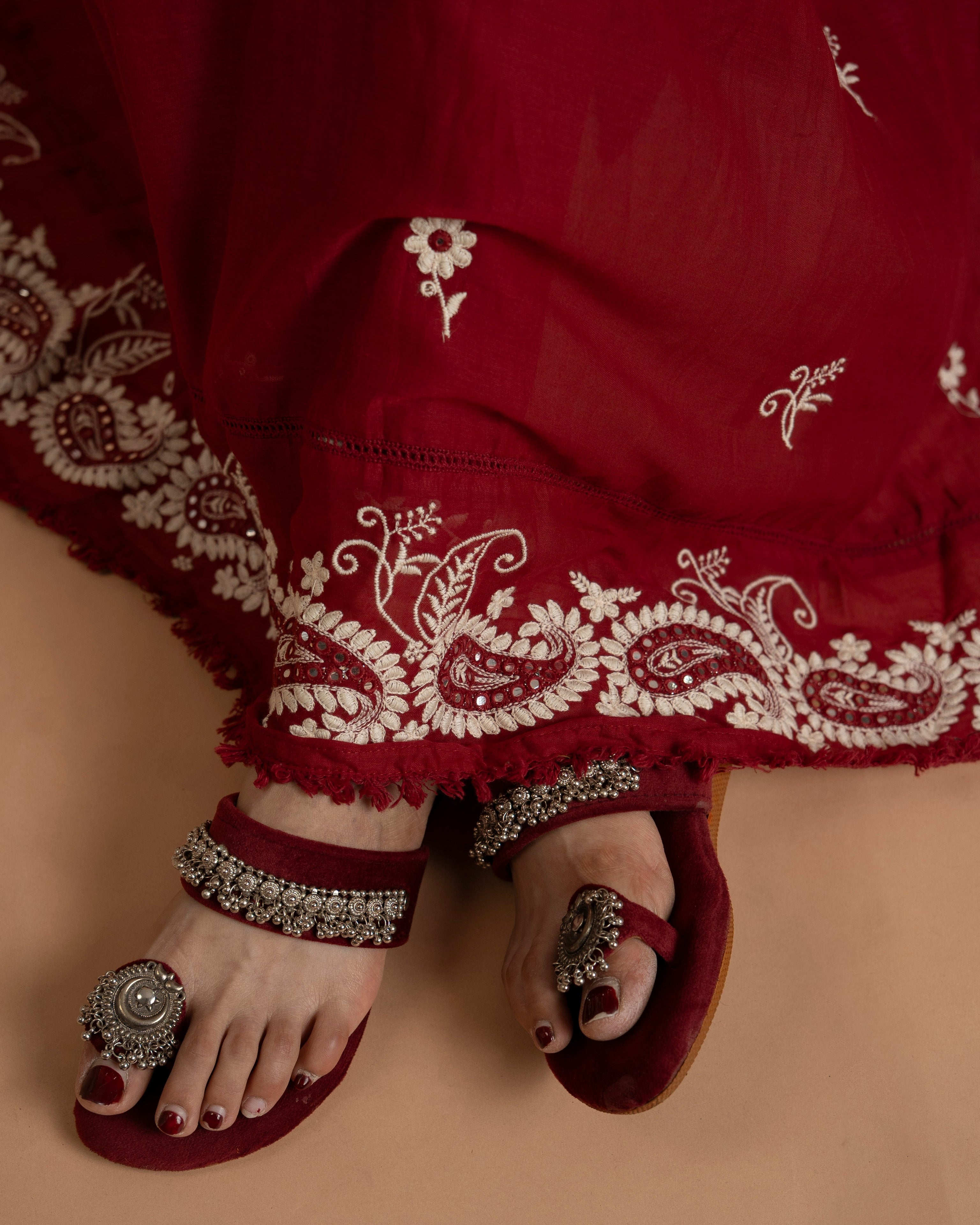 Maroon Round Kurta Pant Set With Dupatta For Women