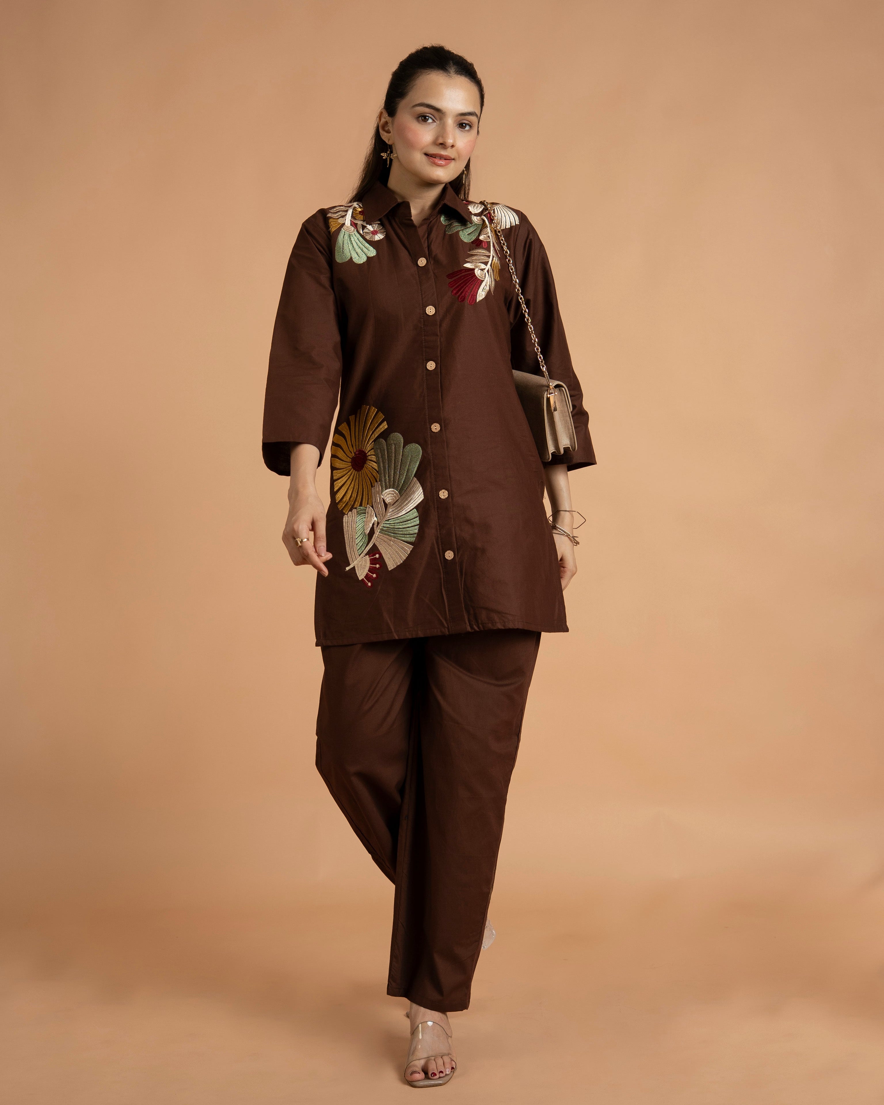 Brown Cotton Shirt Pant Co-ord Set for Women with Collar Neck & Embroidery