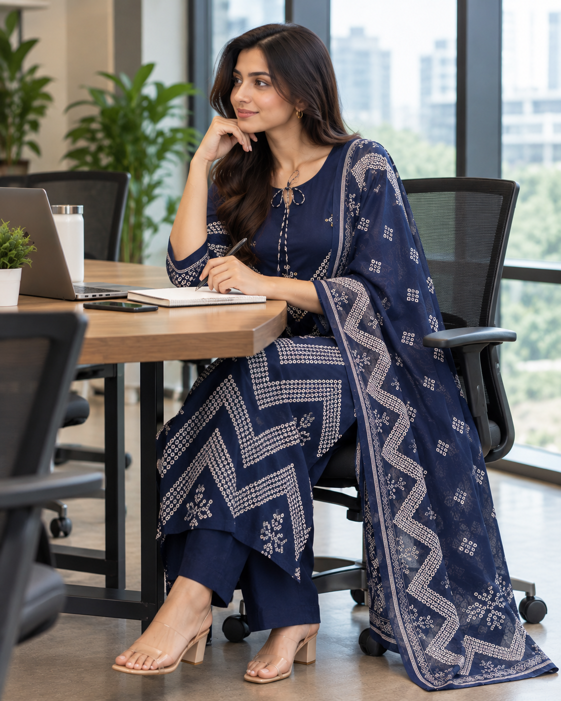 Blue Cotton A Line Kurta Pant Set with Dupatta