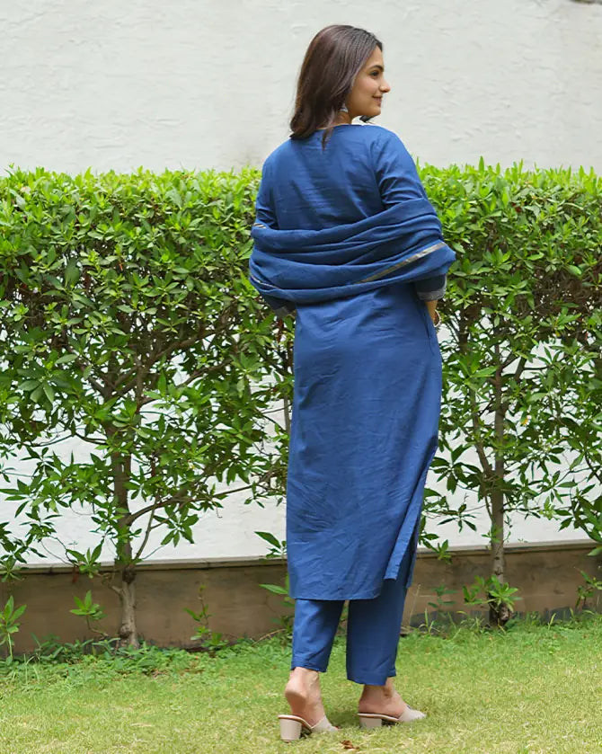 Blue Embroidered Straight Kurta Pant Set with Dupatta