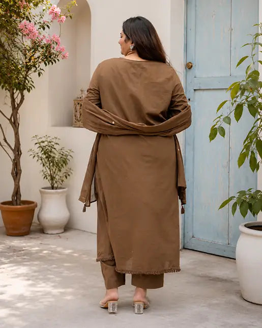 Brown A-Line Kurta Pant Set with Floral Embroidery | Ethnic Wear for Women