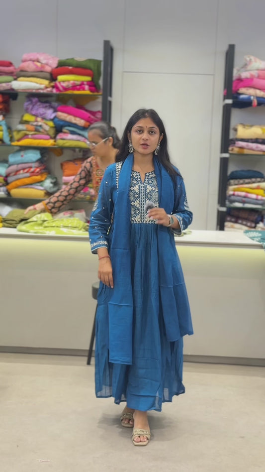 Mal Chanderi A-Line Round Kurta Pant Set With Dupatta