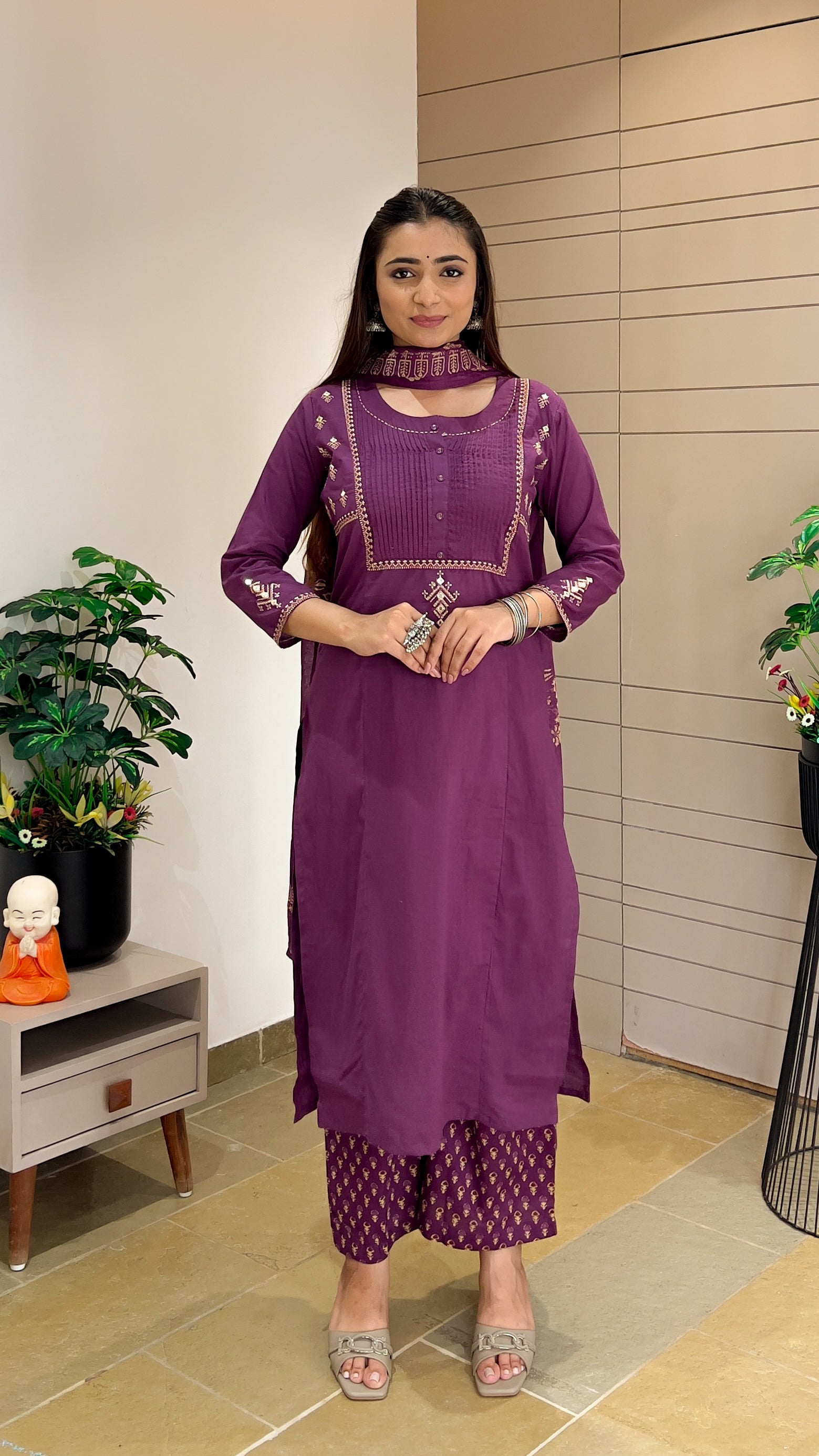 Wine Colored Printed Kurti & plain Palazzo