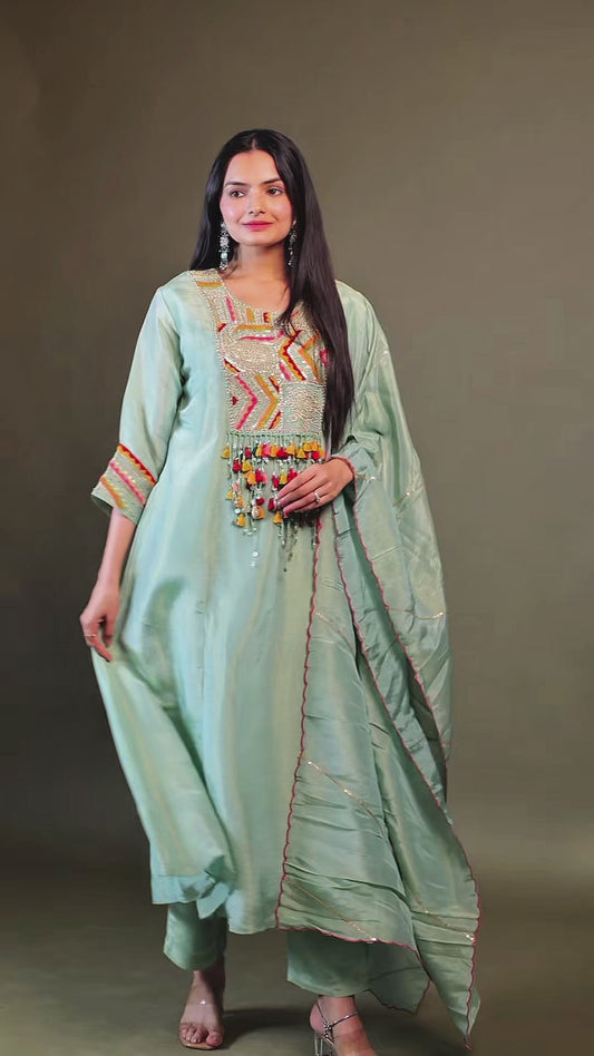 Pista A-Line Round Kurta Pant Set With Dupatta