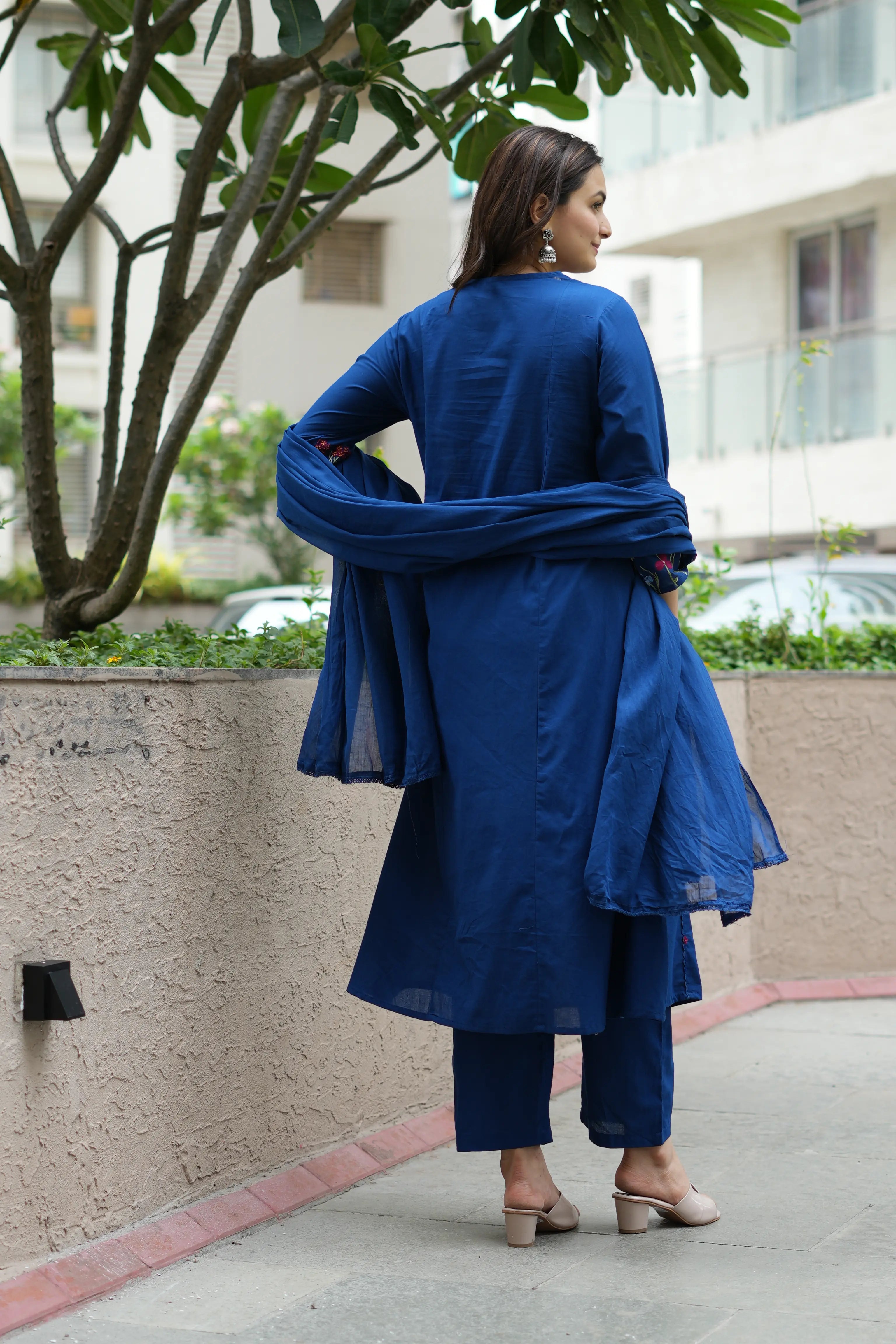 Royal Blue Cotton Embroidery V-Neck Kurta Pant Set
