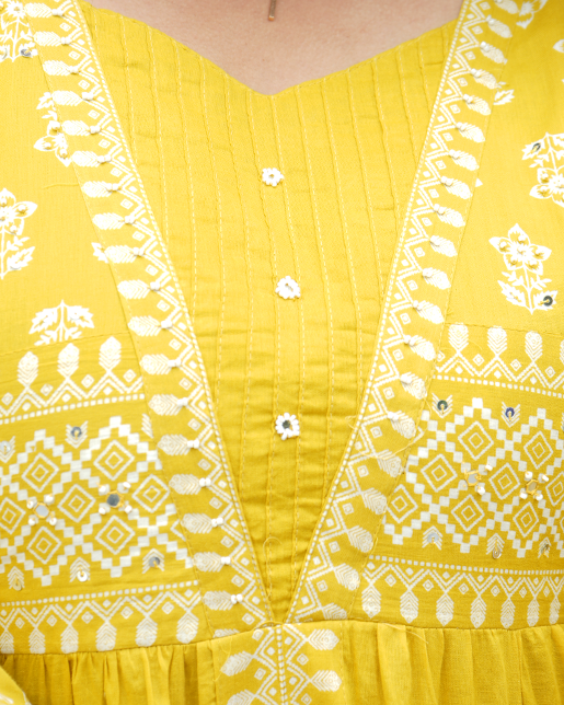Premkala Yellow Cotton Maxi Gown with Floral Print for Casual and Festive Wear