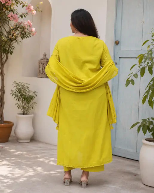 Yellow A-Line Kurta Pant Set with Floral Embroidery | Ethnic Wear for Women