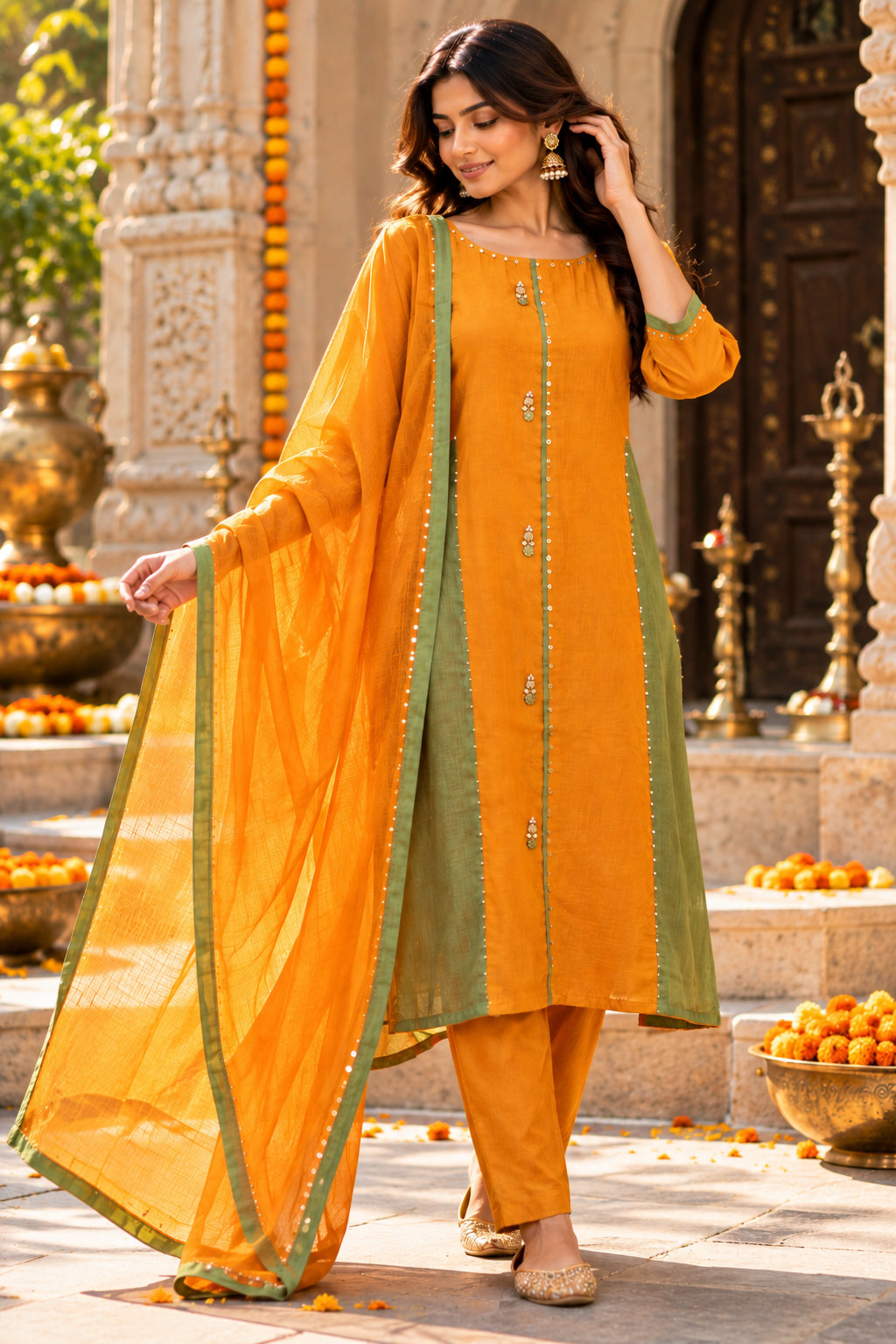 Yellow Round Mal Chanderi Kurta Pant Set with Dupatta