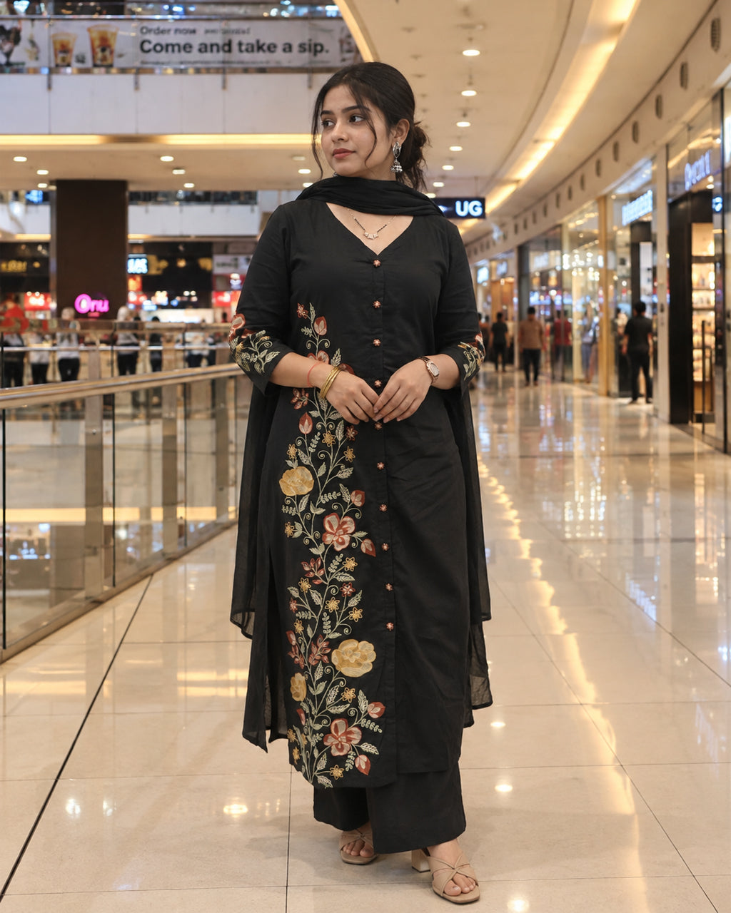 Black Mal Cotton A Line Kurta Plazzo Set with Dupatta