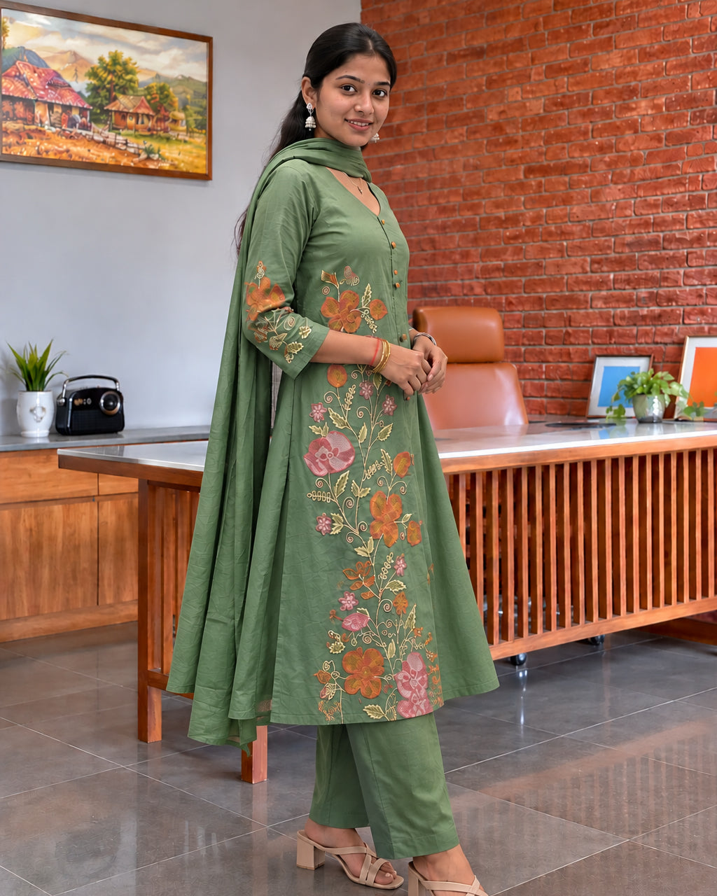 Green Mal Cotton A Line Kurta Plazzo Set with Dupatta