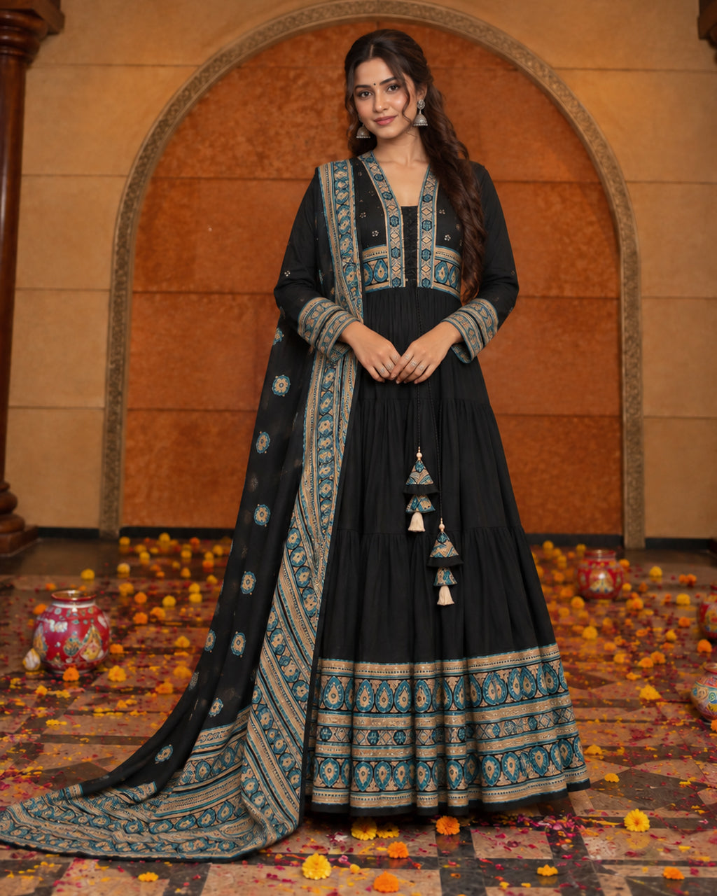 Black Anarkali Kurta Pant Set with Dupatta for Women