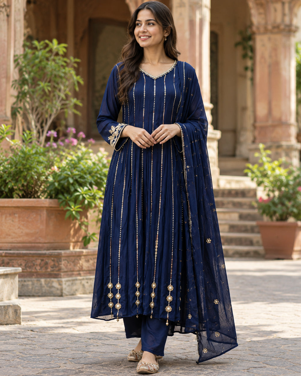 Blue Anarkali Kurta pant Set with Dupatta