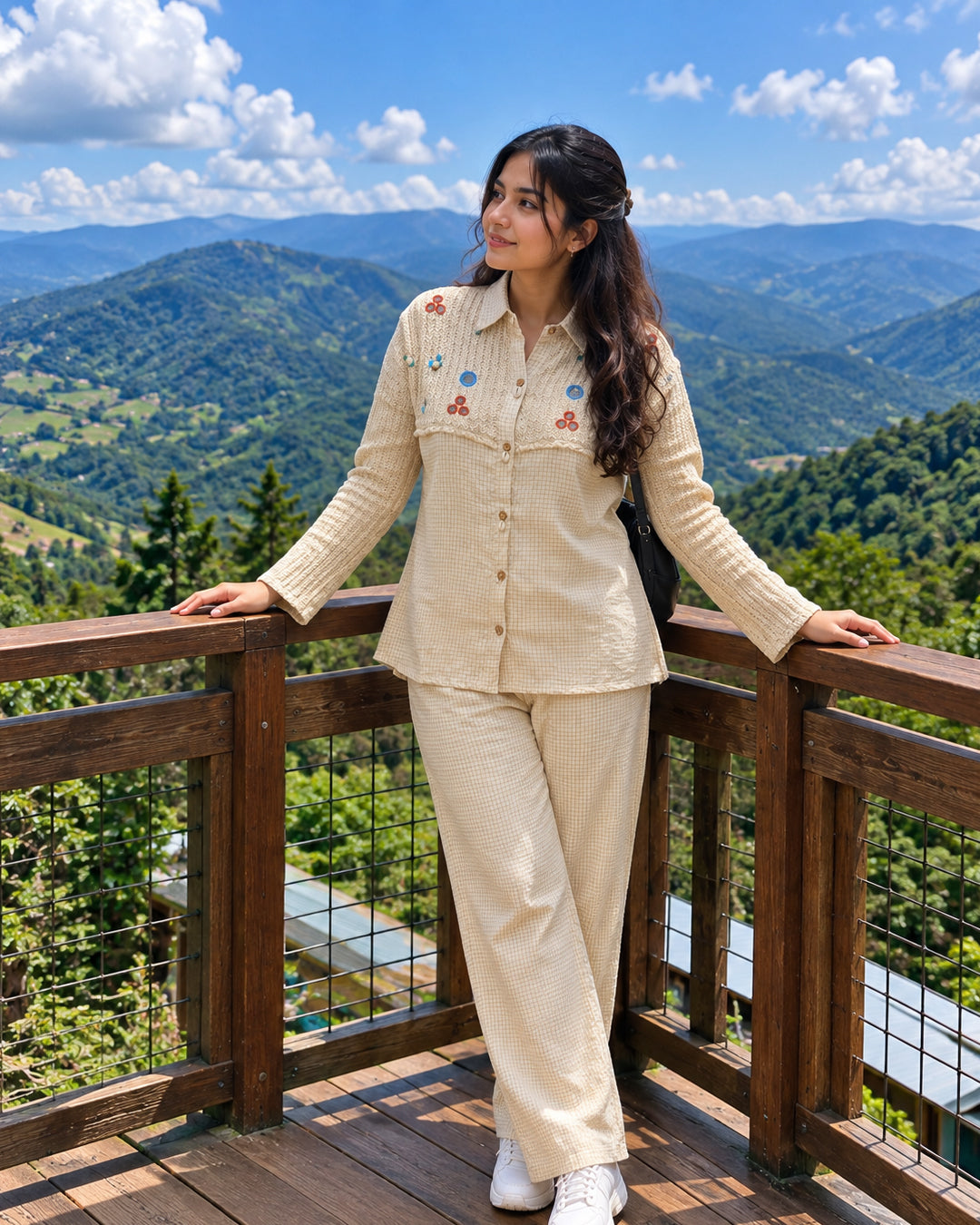 Beige Khadi Cotton Embroidery work co ord set